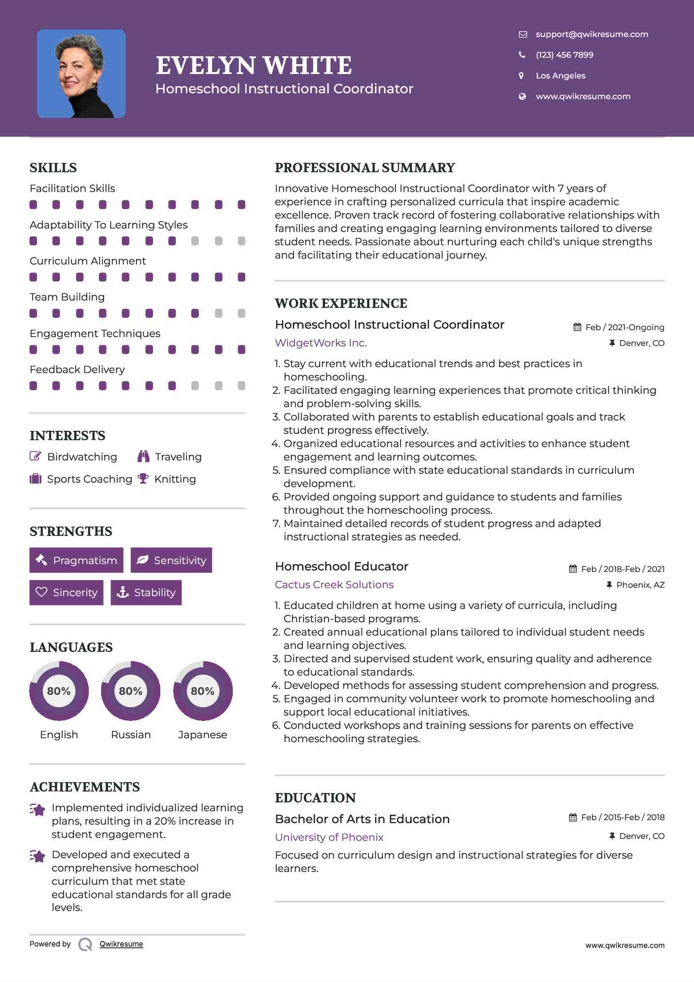 Homeschool Instructional Coordinator Resume Example