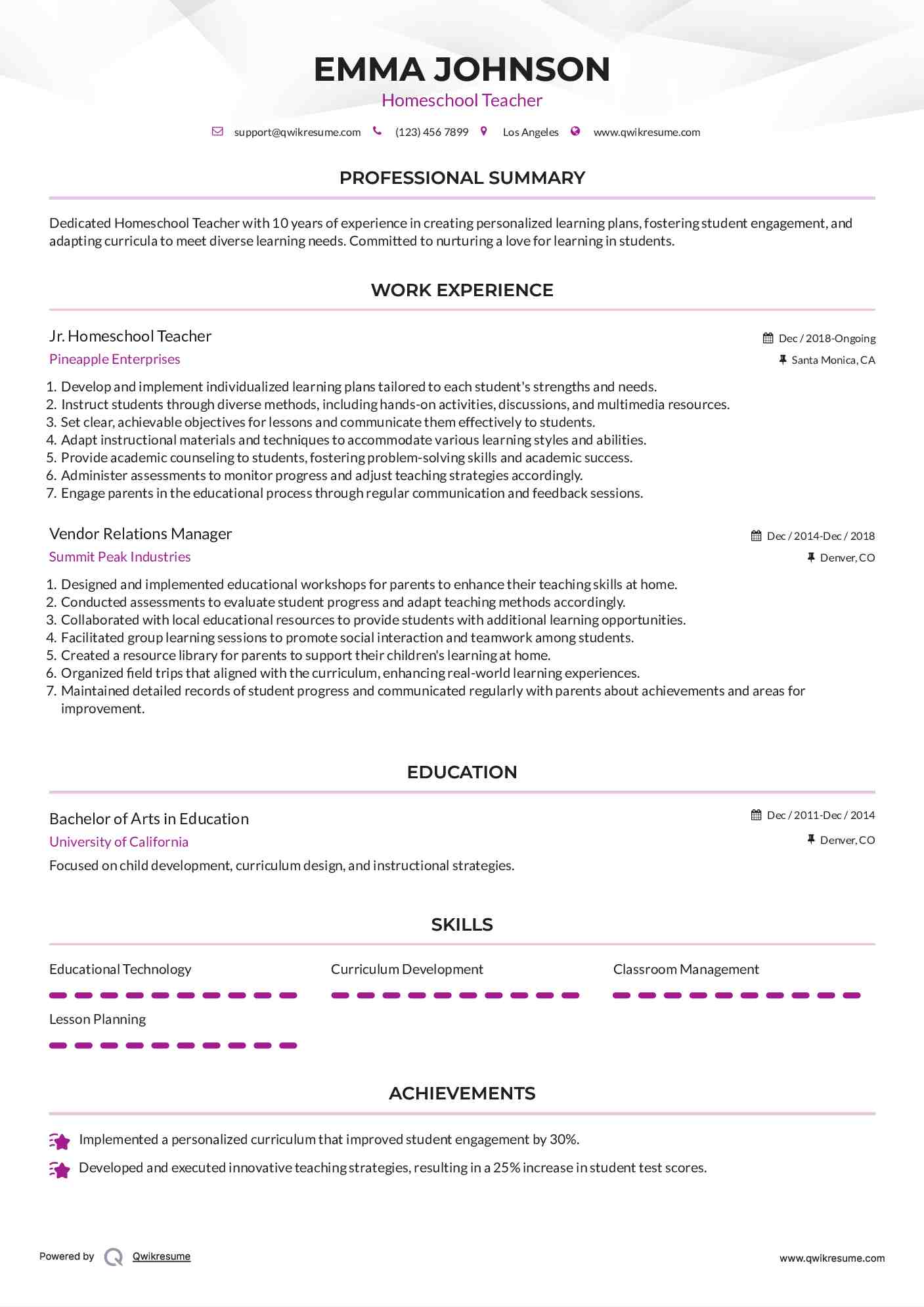 Jr. Homeschool Teacher Resume Template