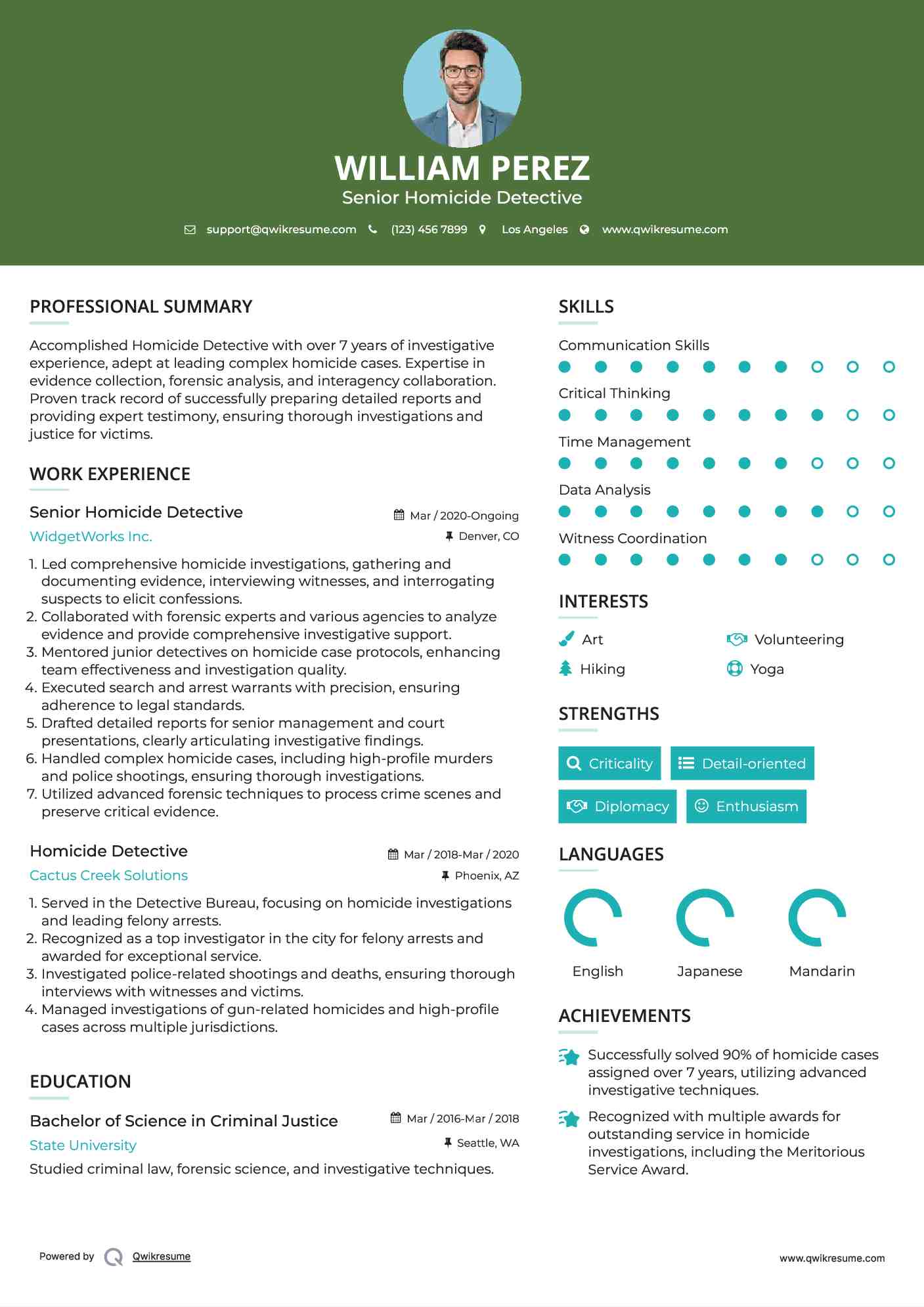 Senior Homicide Detective Resume Example