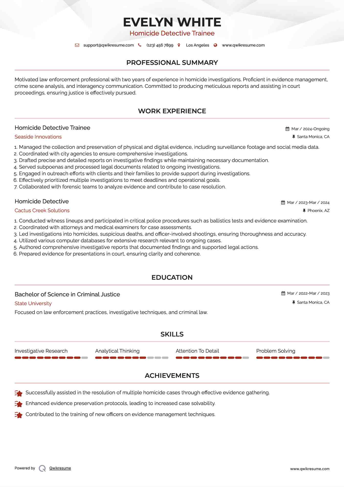 Homicide Detective Trainee Resume Sample