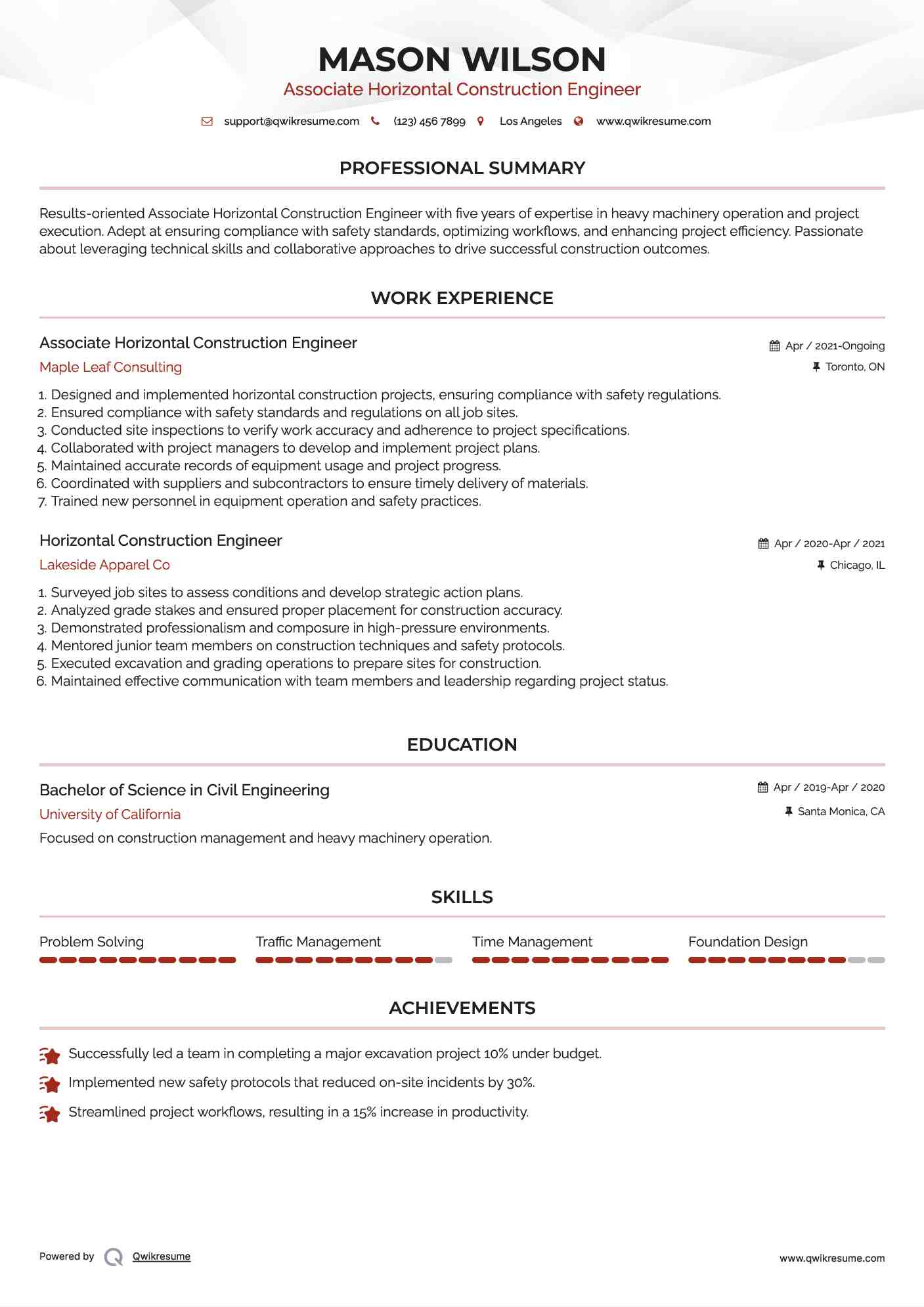 Associate Horizontal Construction Engineer Resume Model