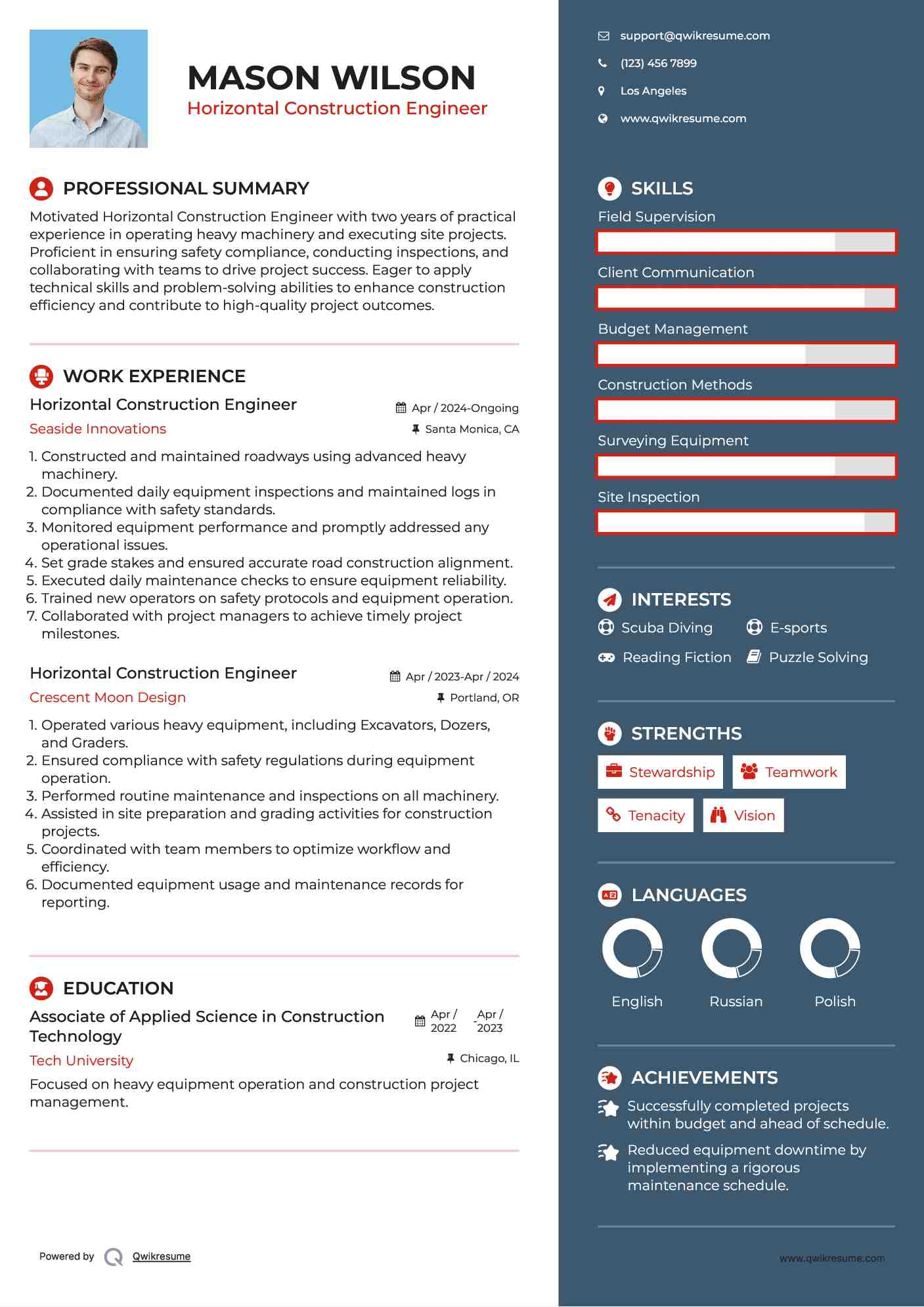 Horizontal Construction Engineer Resume Model
