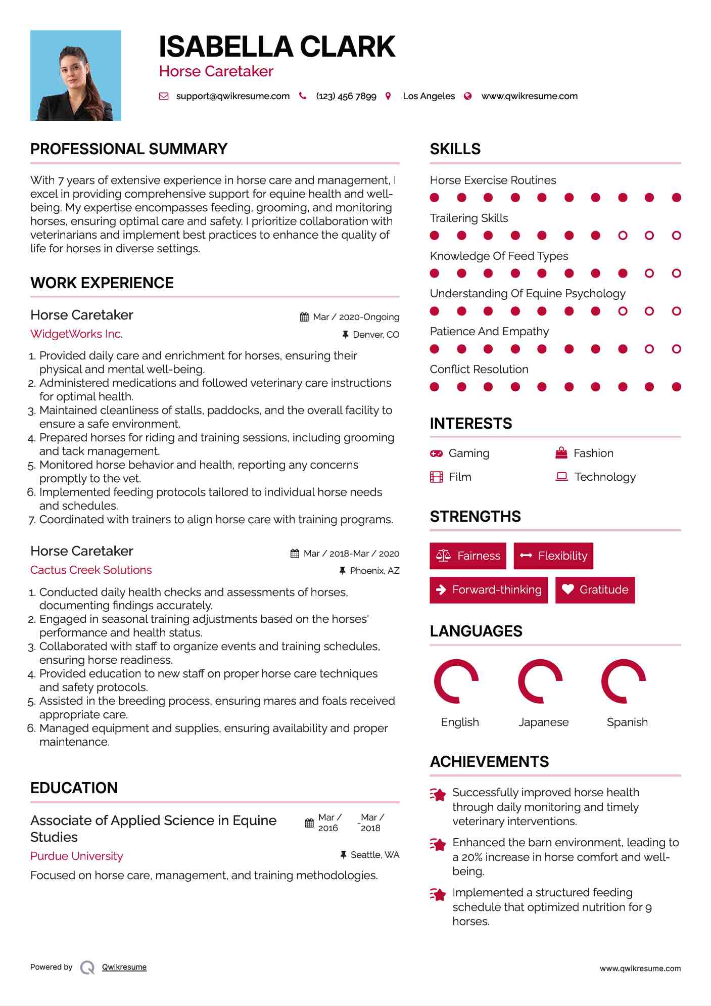 Horse Caretaker Resume Format