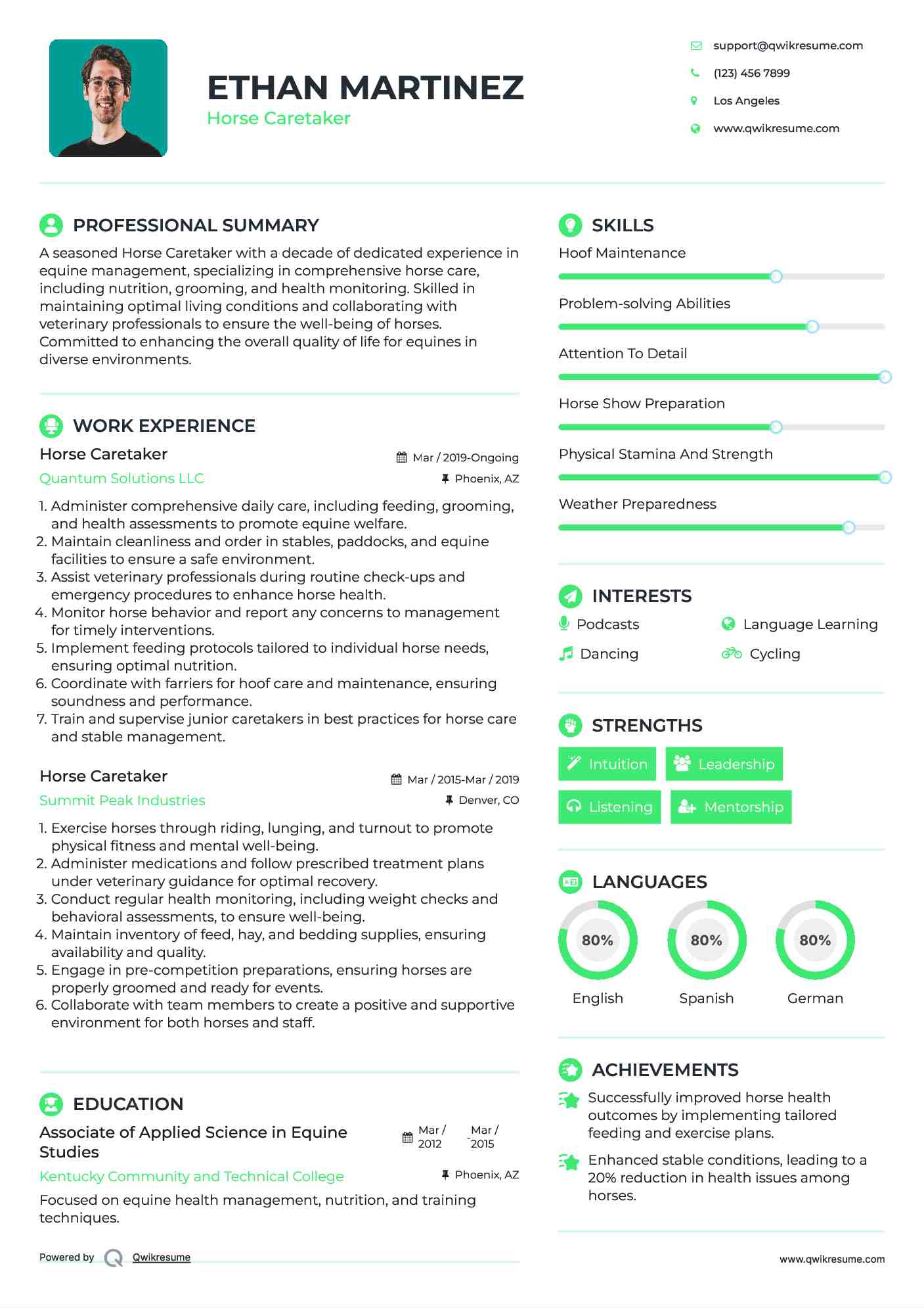 Horse Caretaker Resume Sample