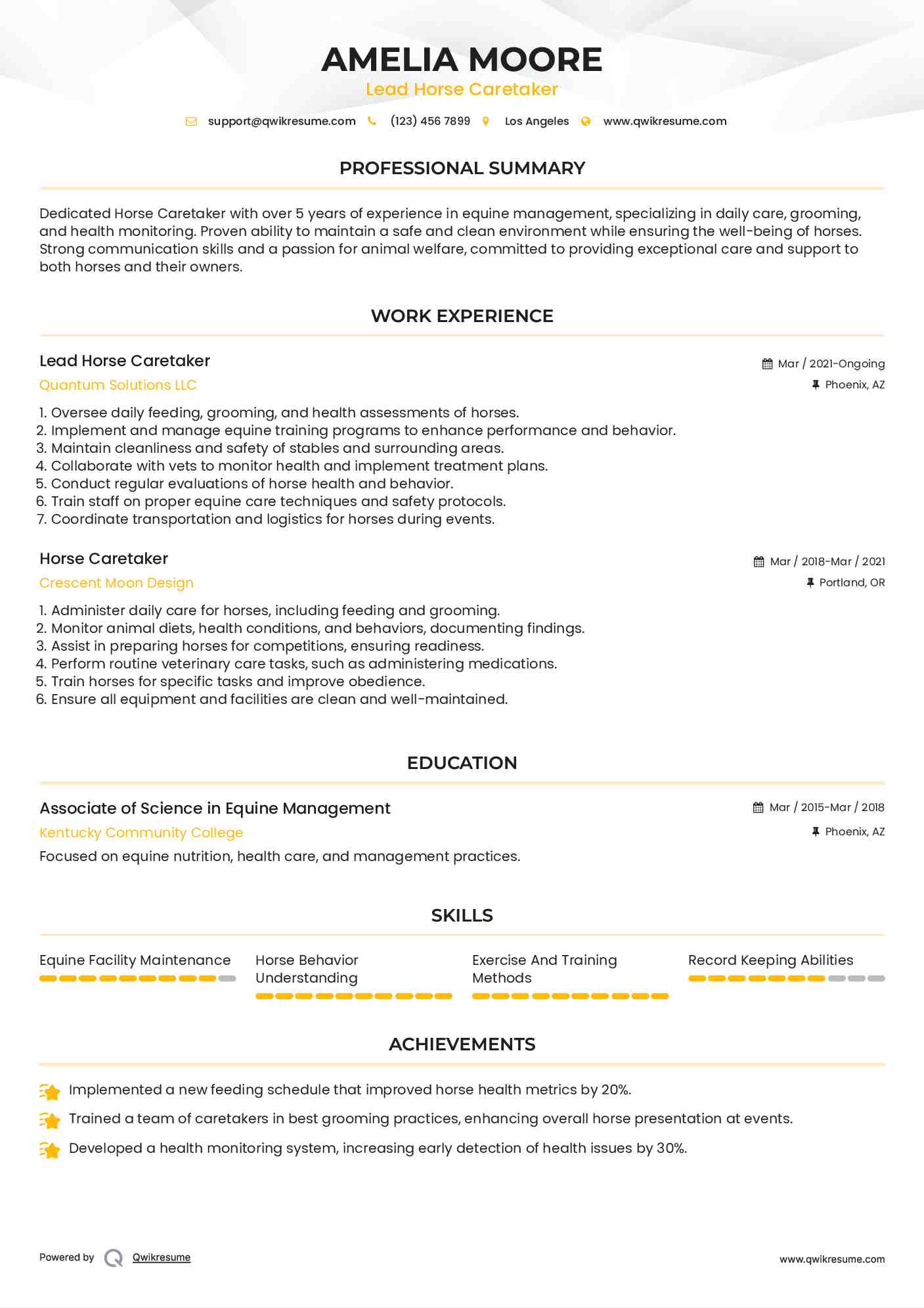 Lead Horse Caretaker Resume Sample