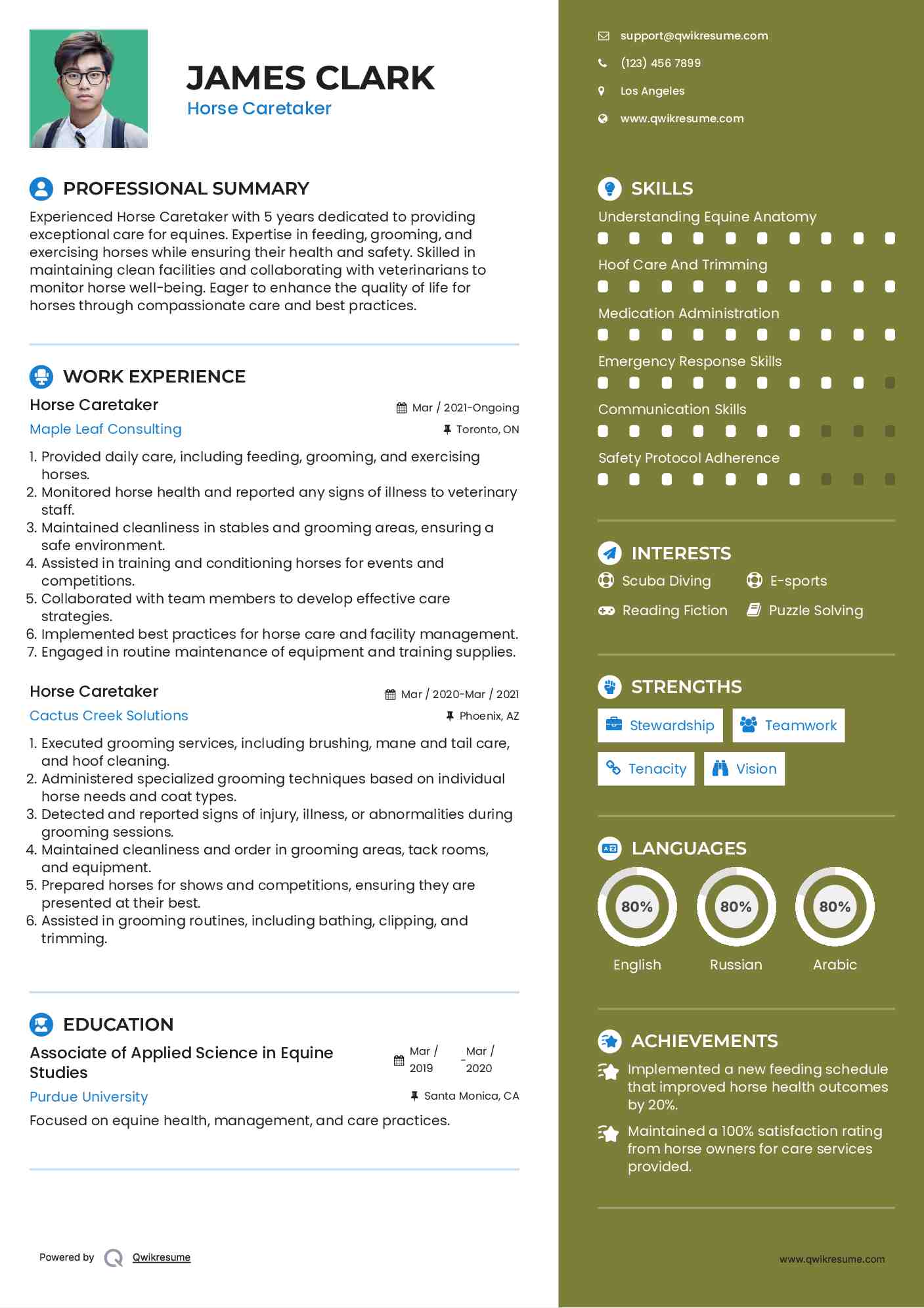 Horse Caretaker Resume Sample