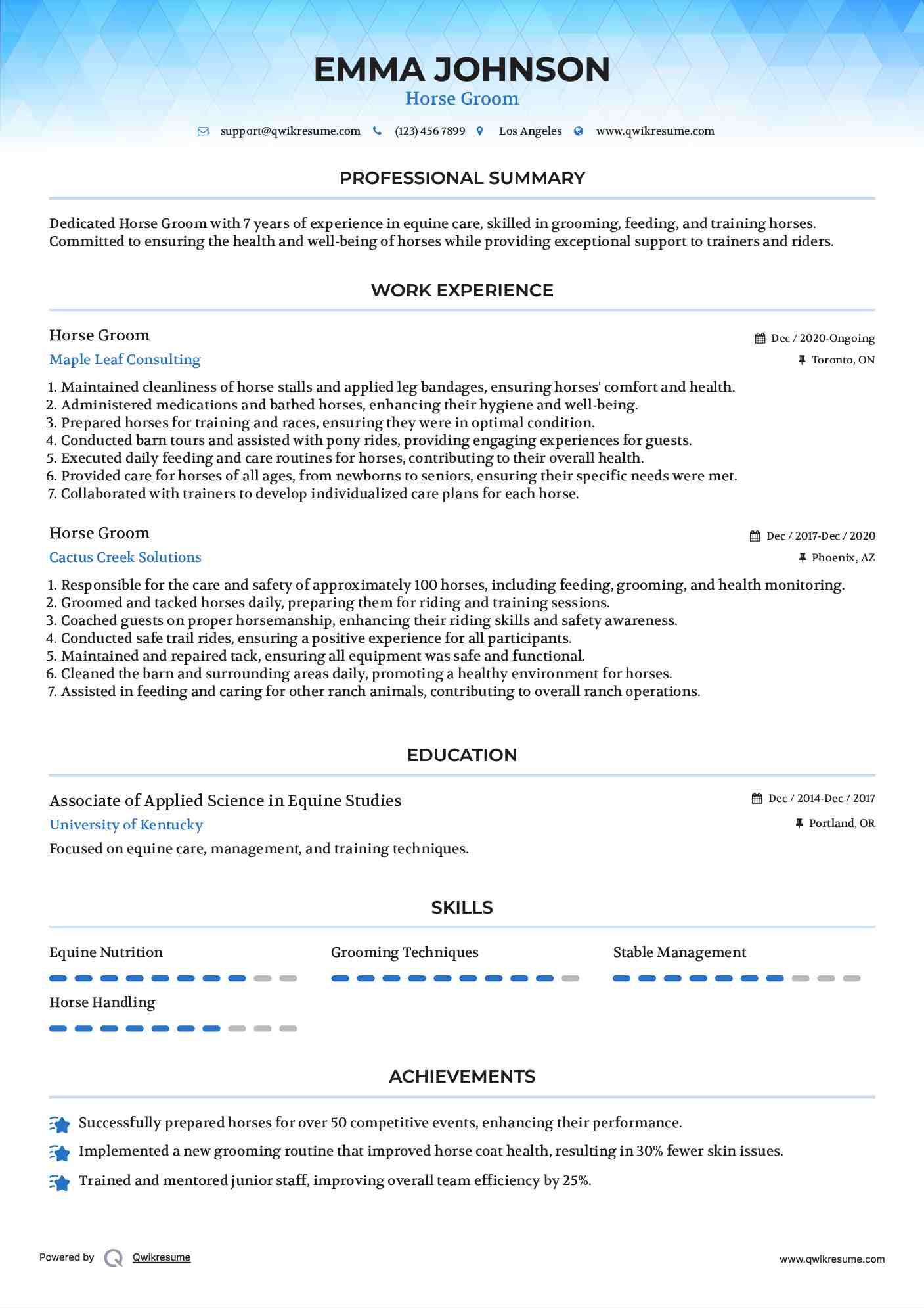 Horse Groom Resume Example