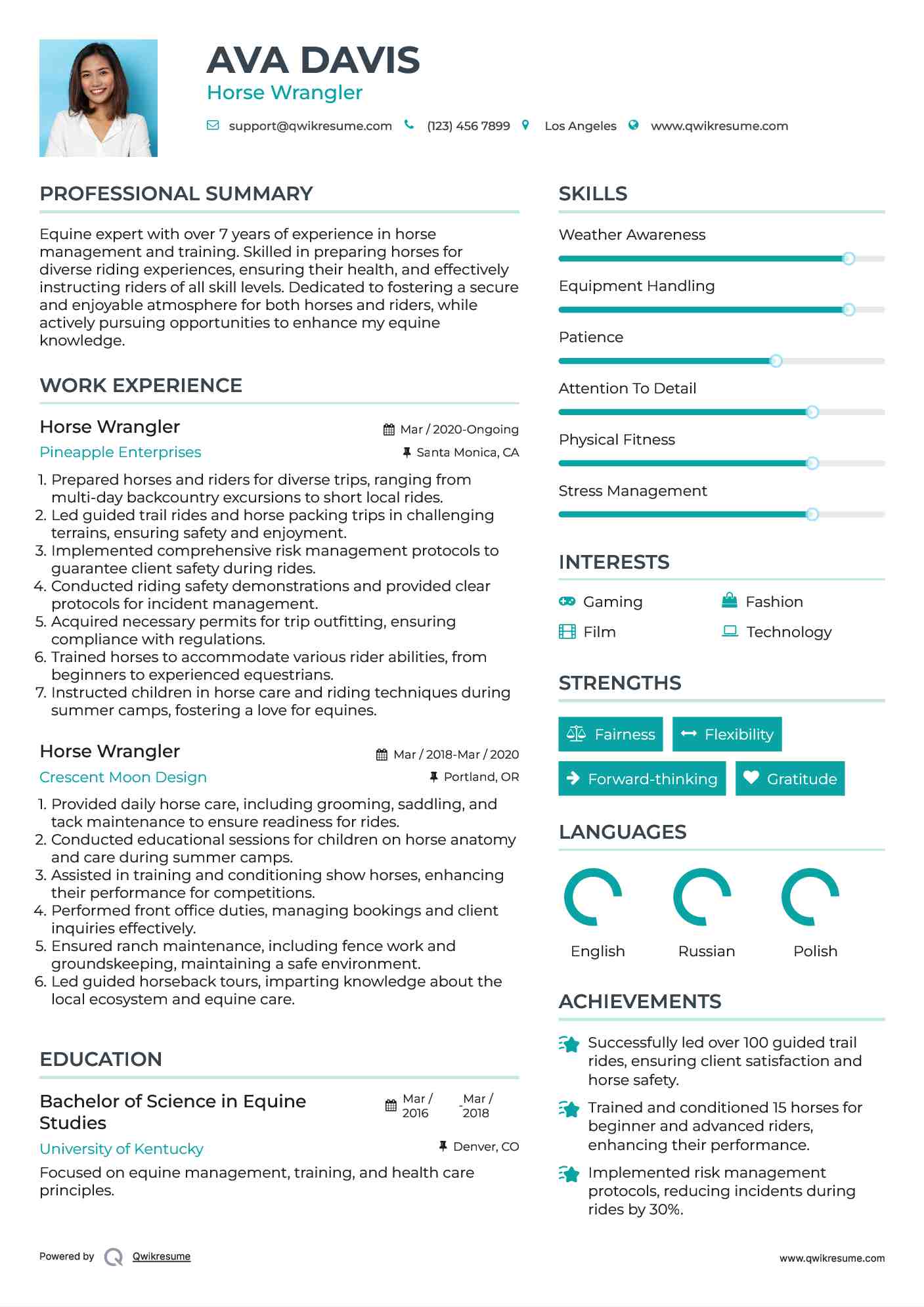 Horse Wrangler Resume Model