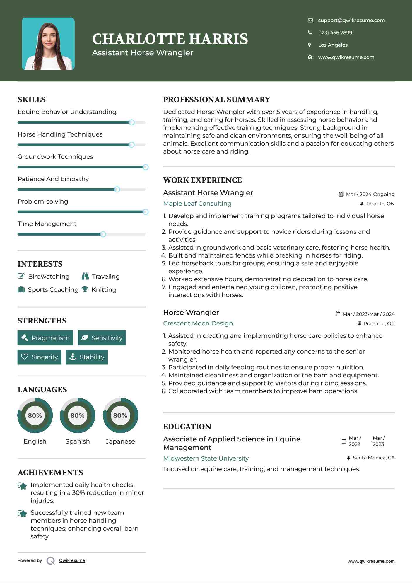 Assistant Horse Wrangler Resume Example