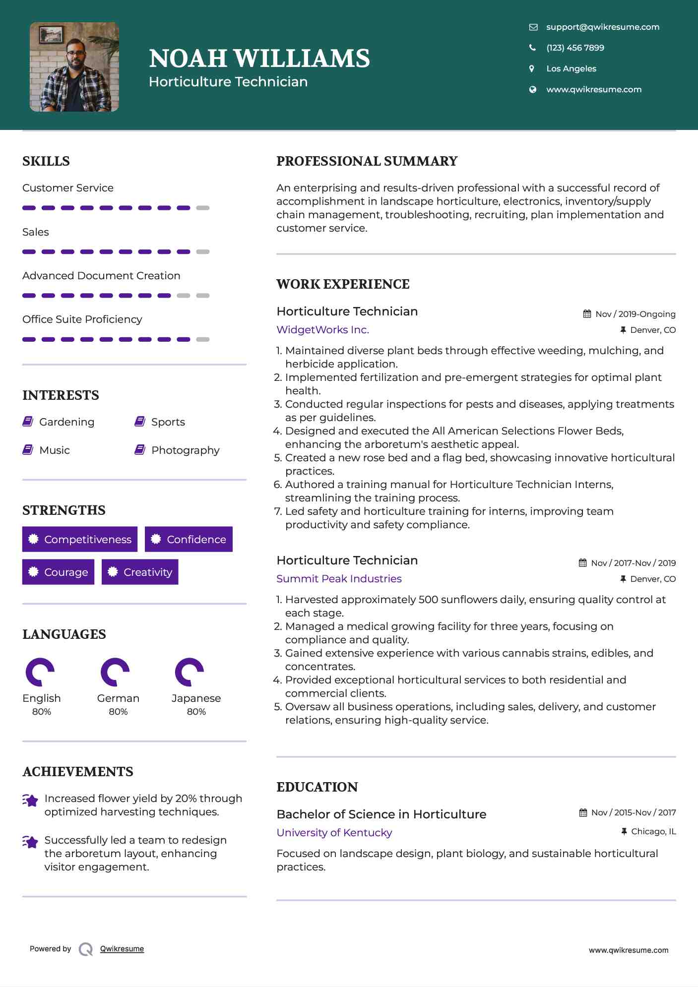 Horticulture Technician Resume Sample