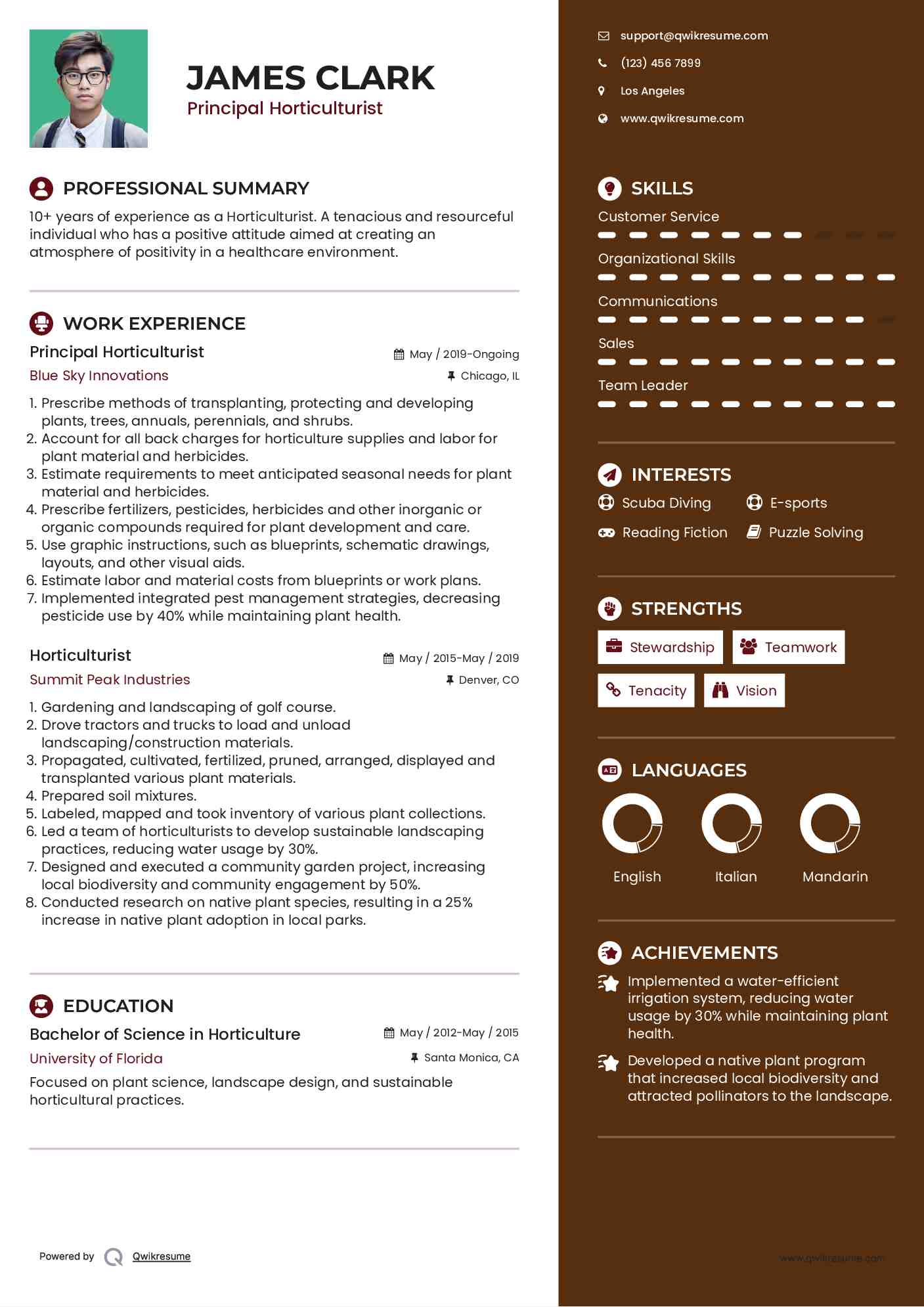 Principal Horticulturist Resume Example