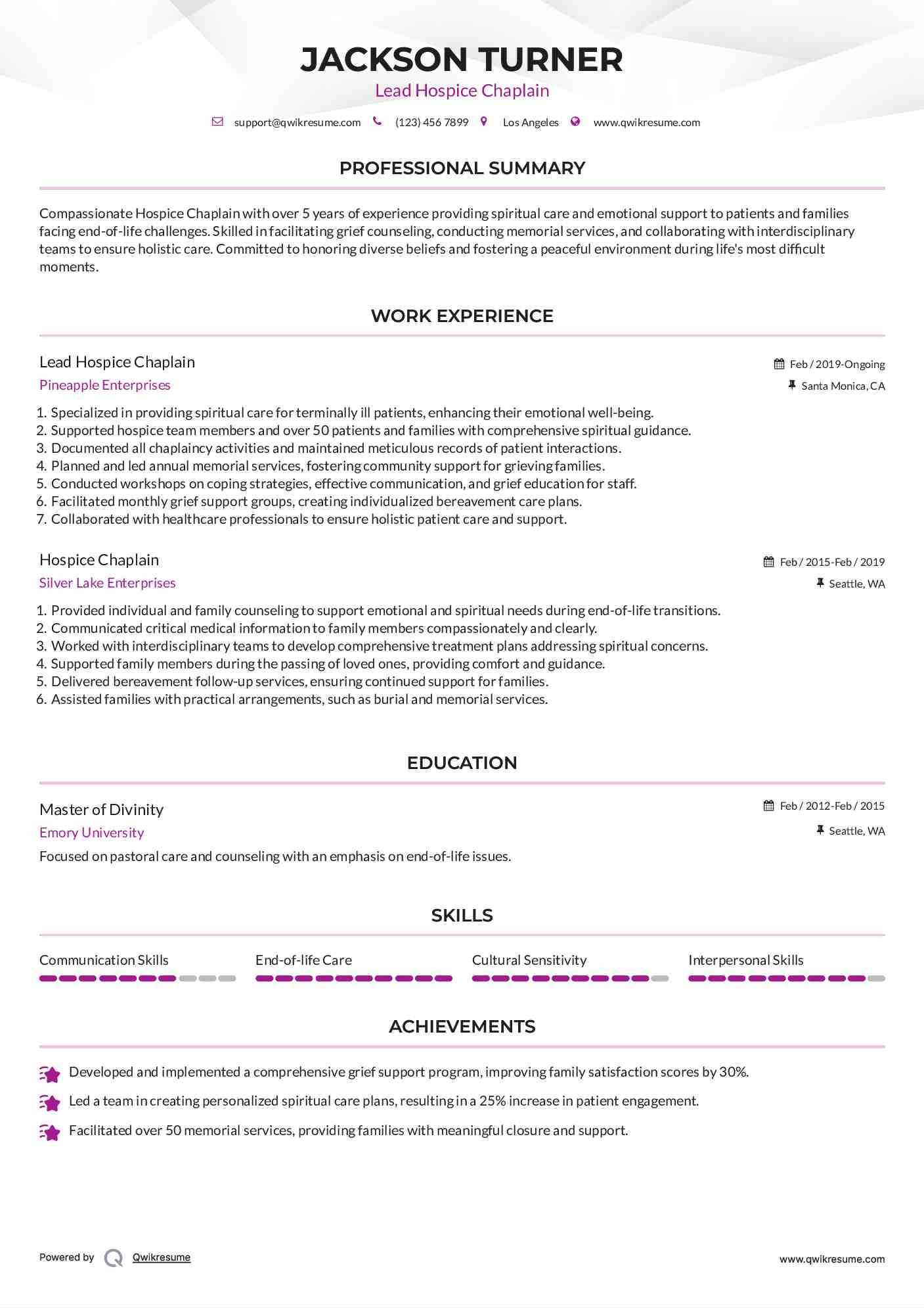 Lead Hospice Chaplain
 Resume Template