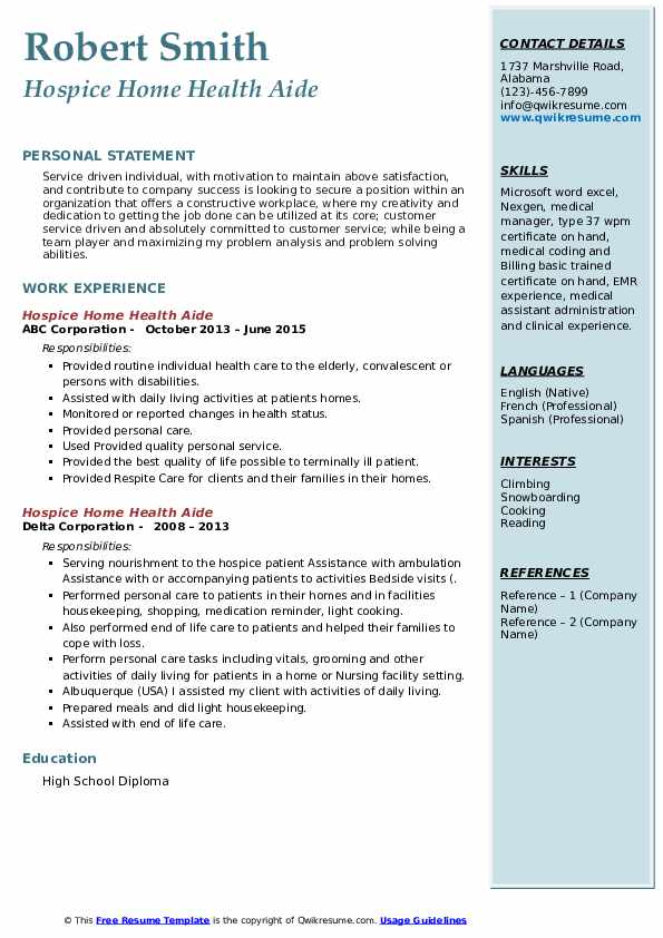 Hospice Home Health Aide Resume Samples QwikResume