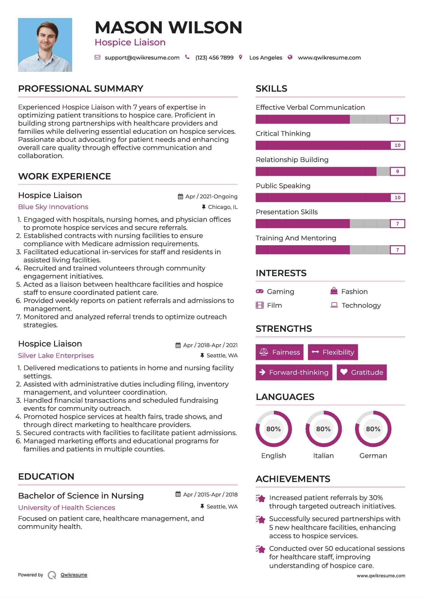 Hospice Liaison Resume Sample