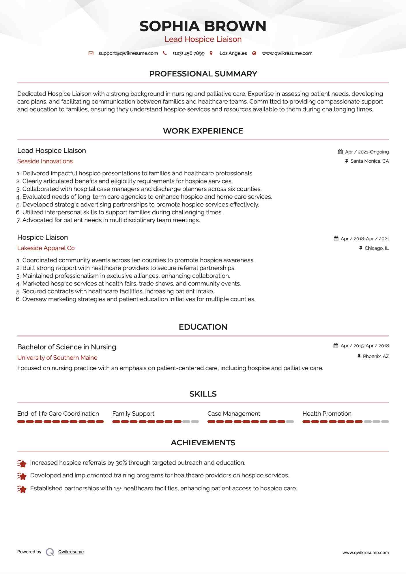 Lead Hospice Liaison Resume Model