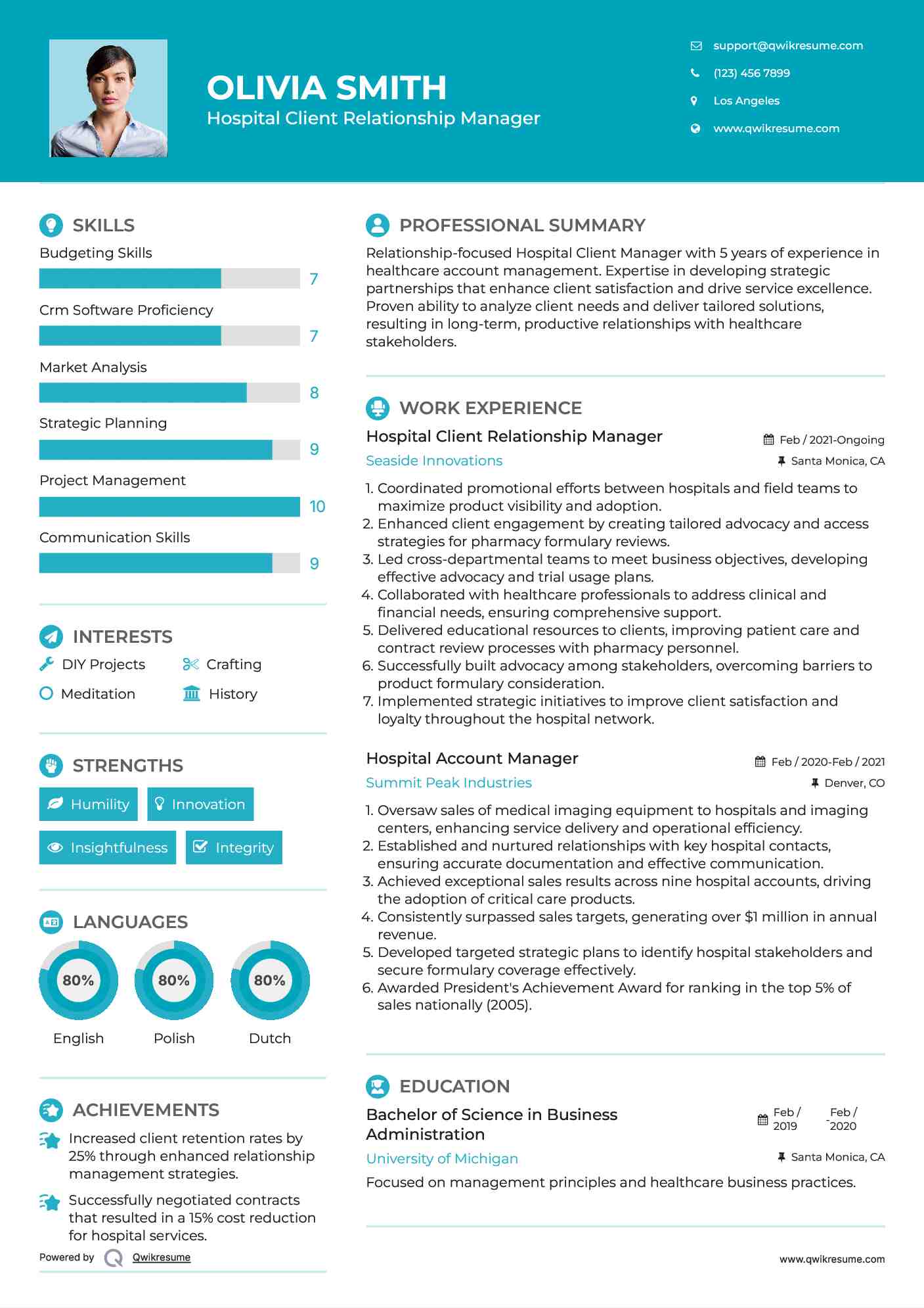 Hospital Client Relationship Manager Resume Example
