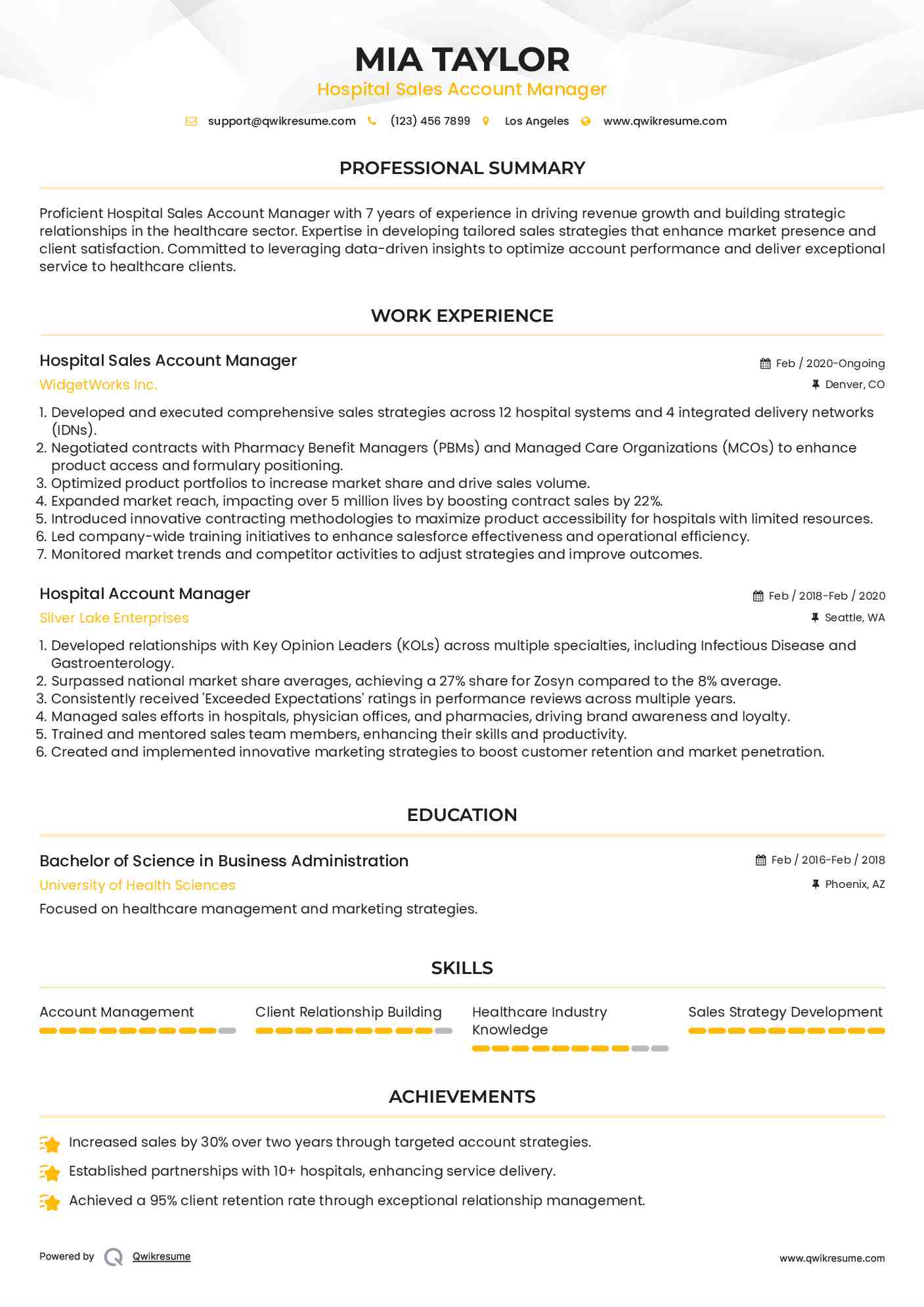 Hospital Sales Account Manager Resume Format