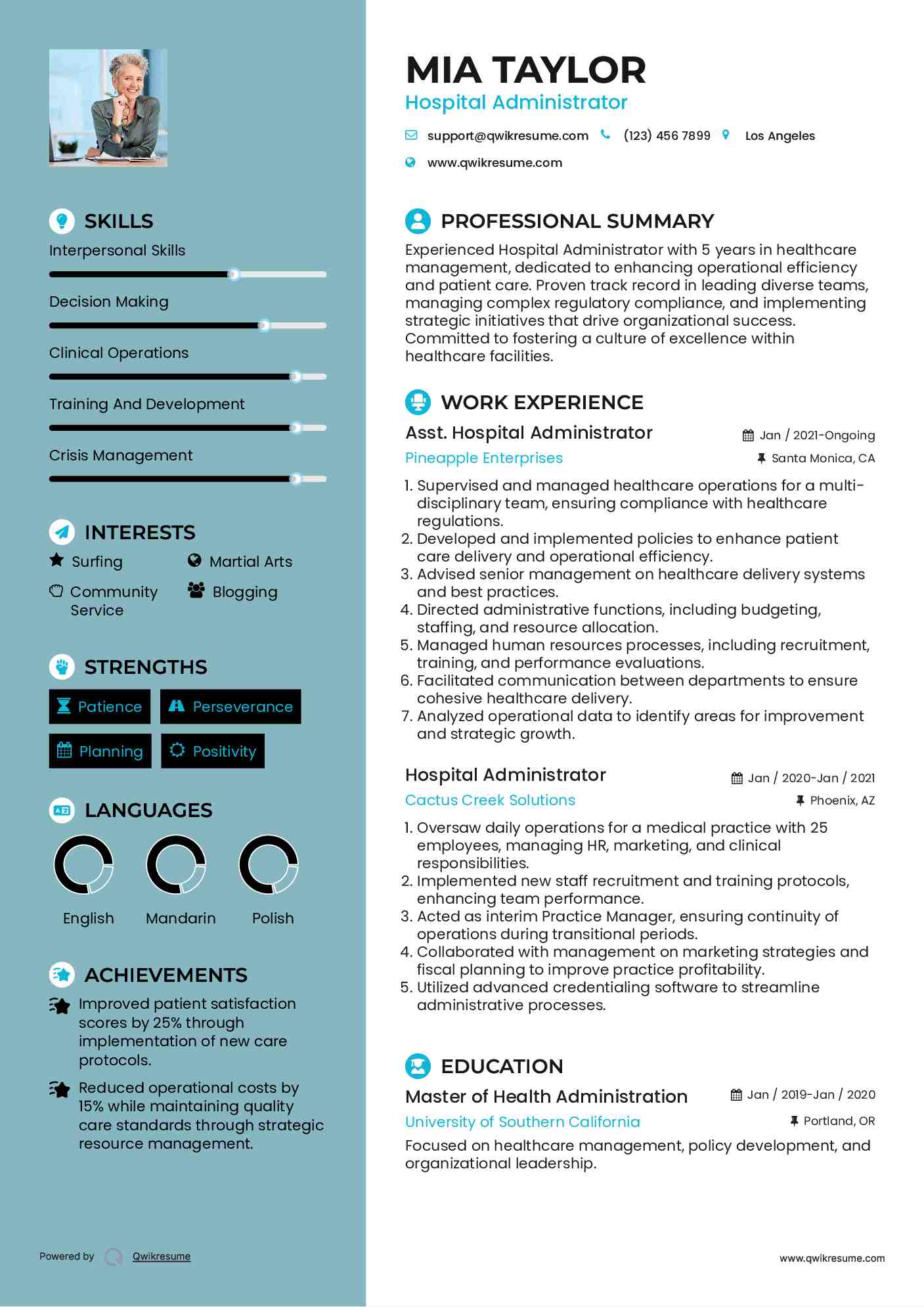 Asst. Hospital Administrator Resume Sample