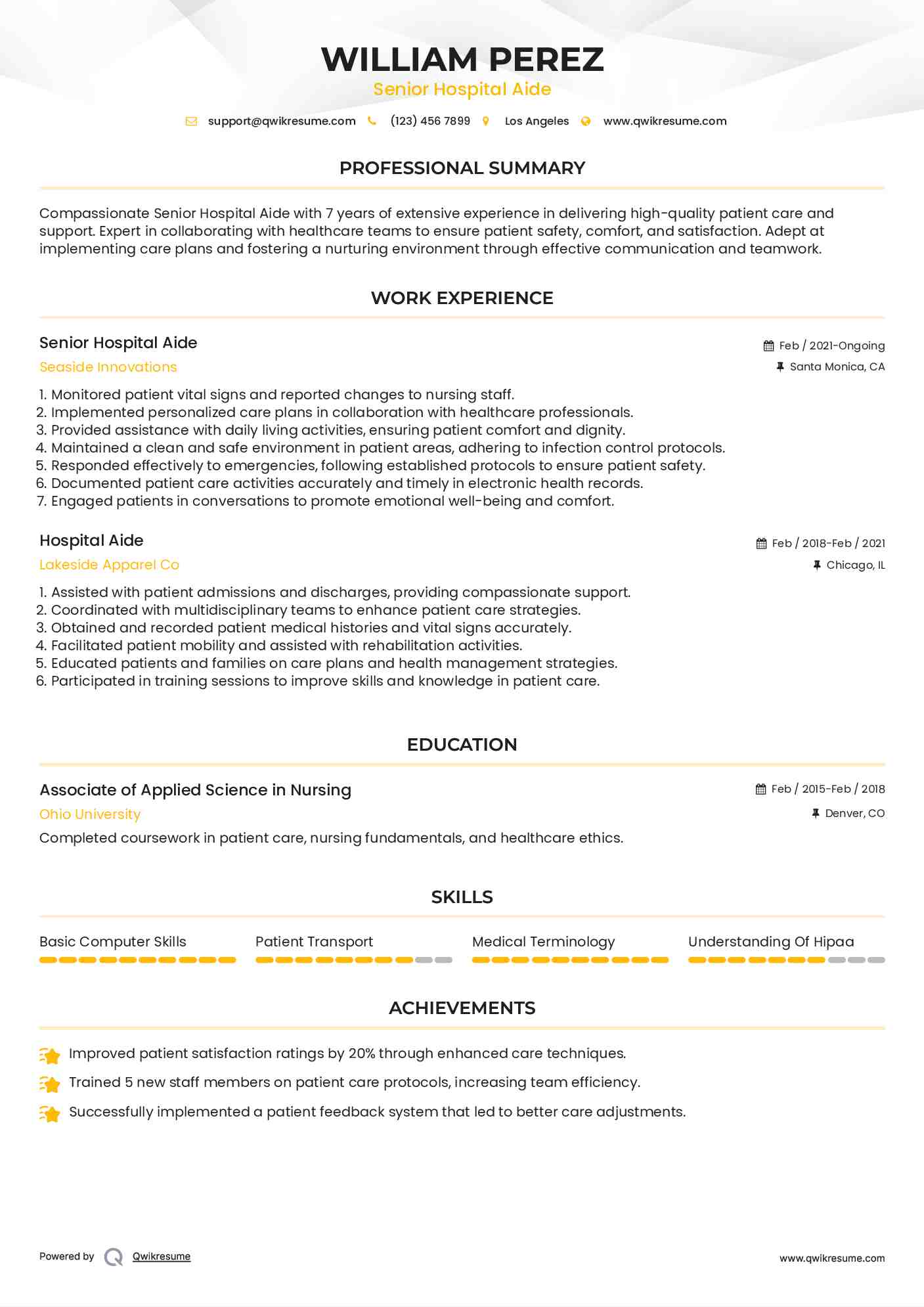 Senior Hospital Aide Resume Format