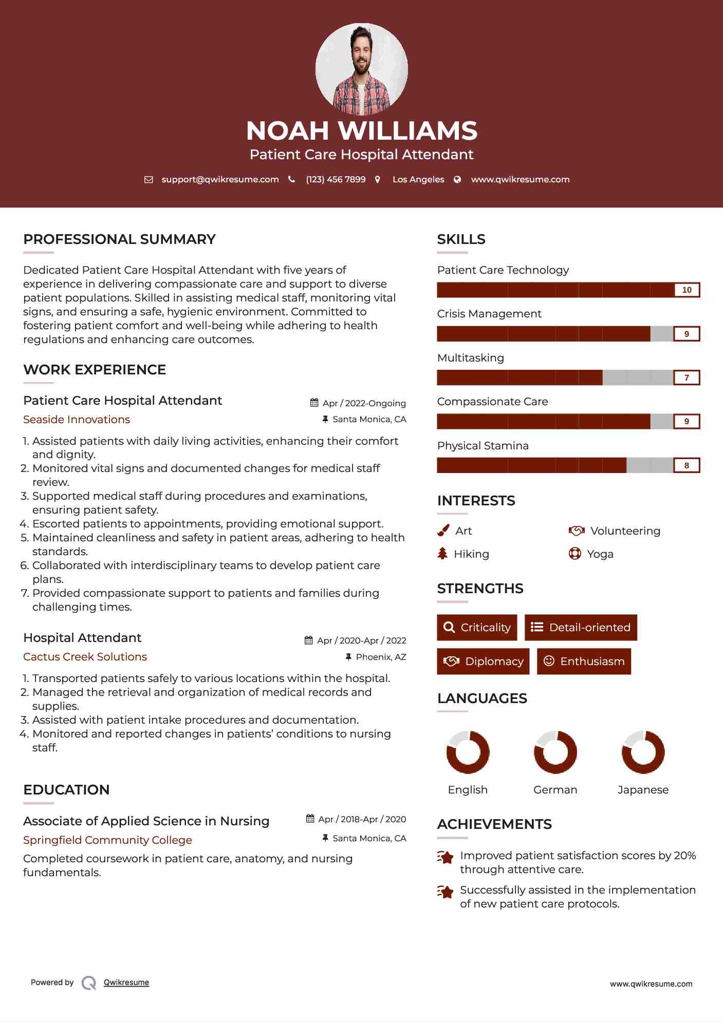 Patient Care Hospital Attendant Resume Sample