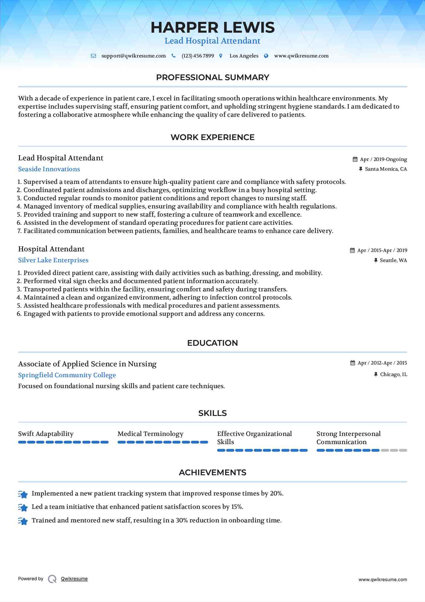 Lead Hospital Attendant Resume Example