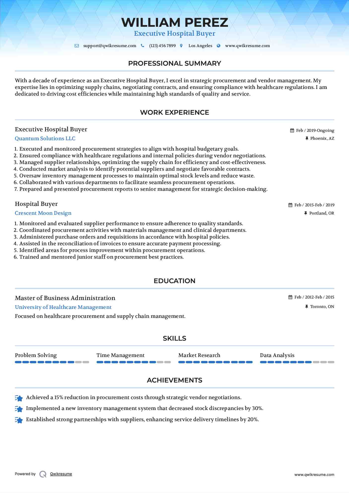 Executive Hospital Buyer Resume Model