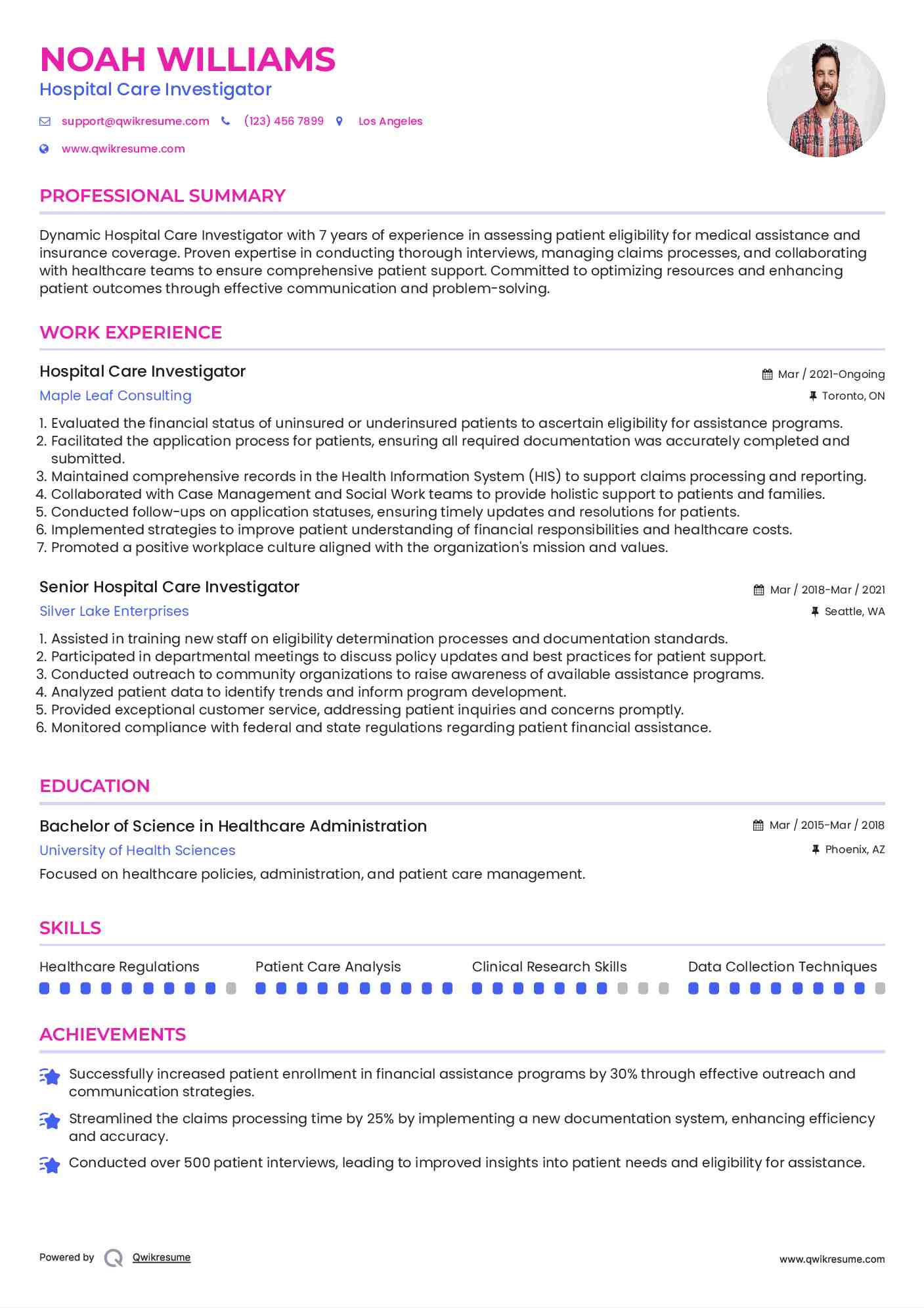Hospital Care Investigator Resume Example