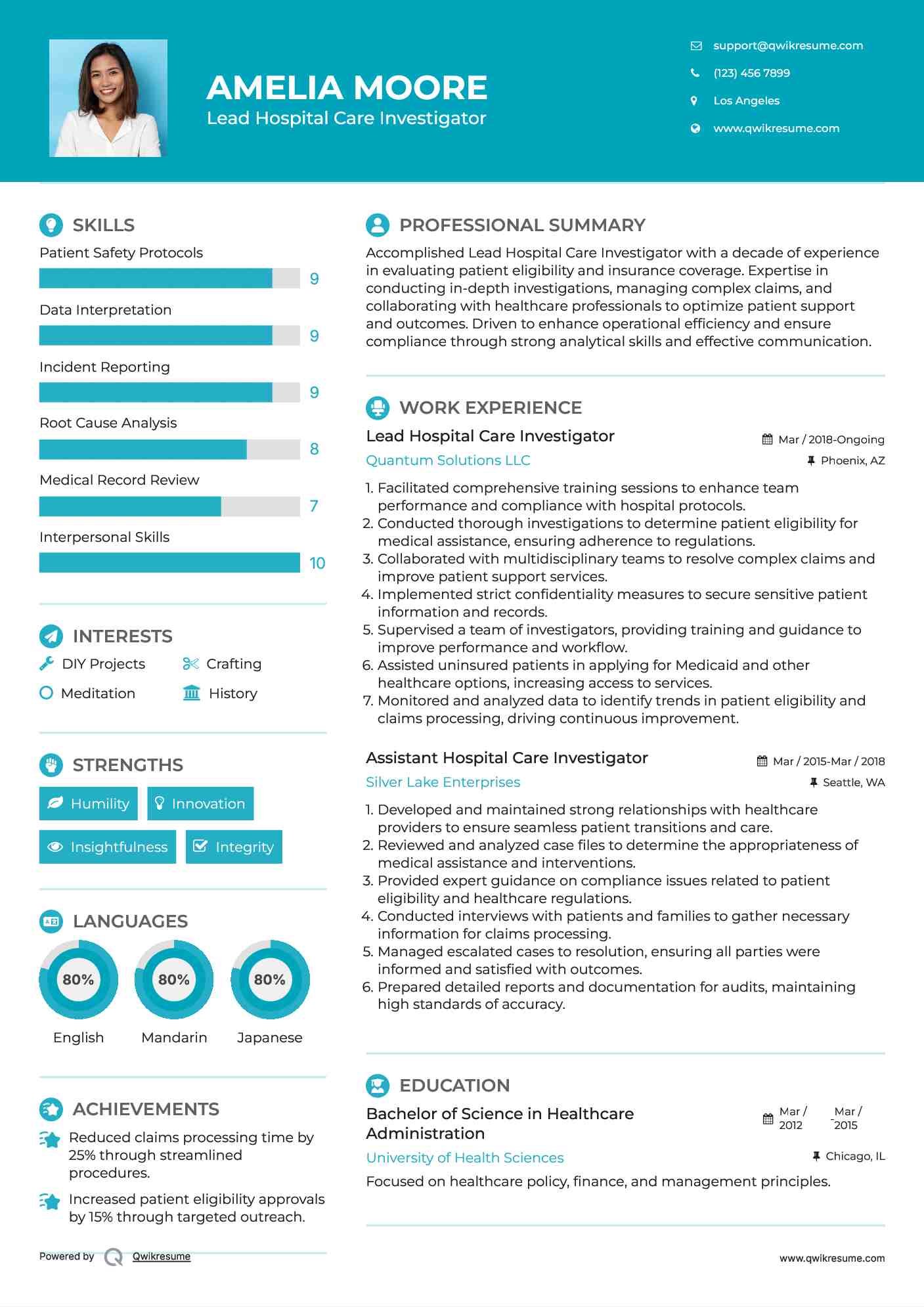 Lead Hospital Care Investigator Resume Sample