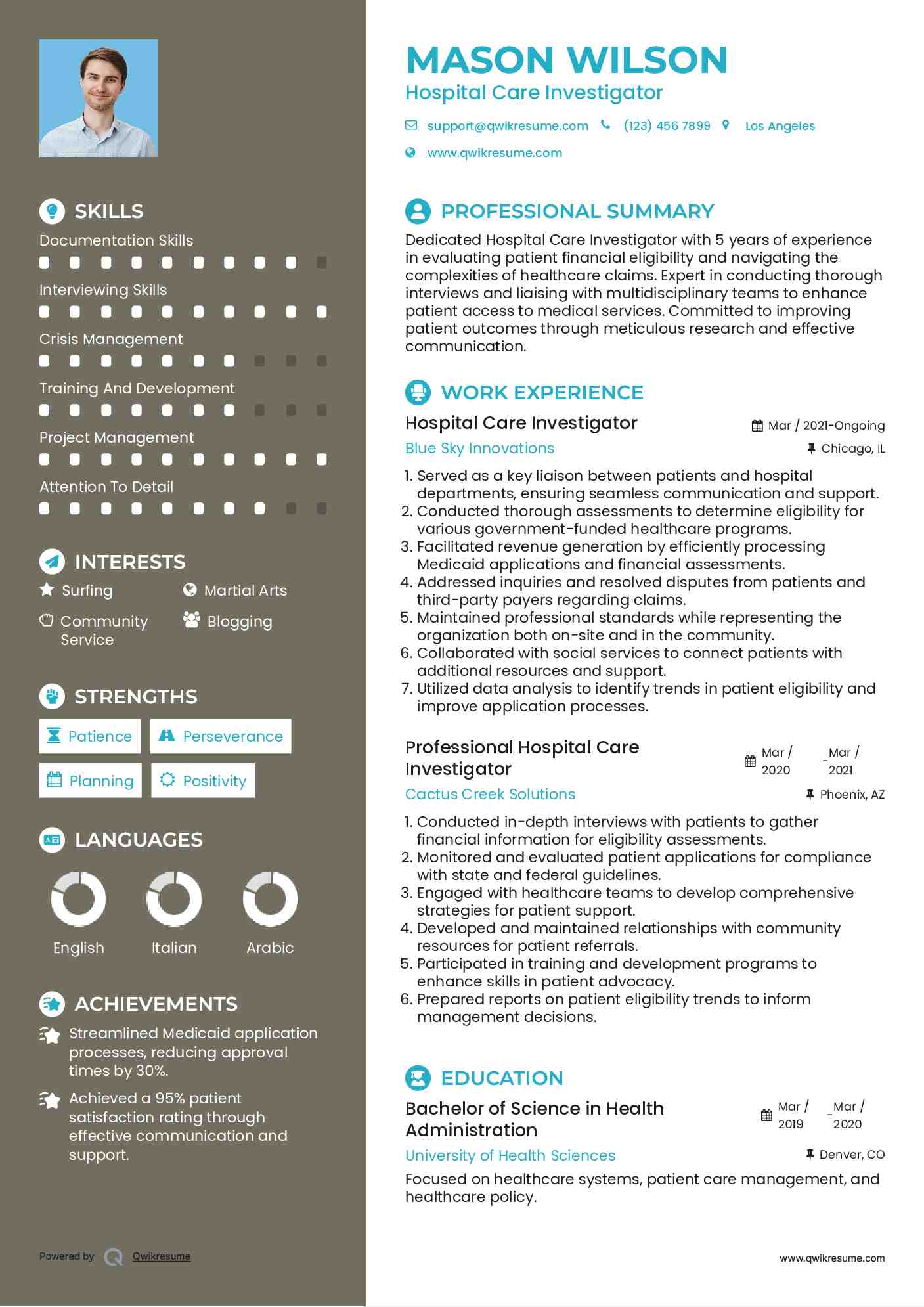 Hospital Care Investigator Resume Example