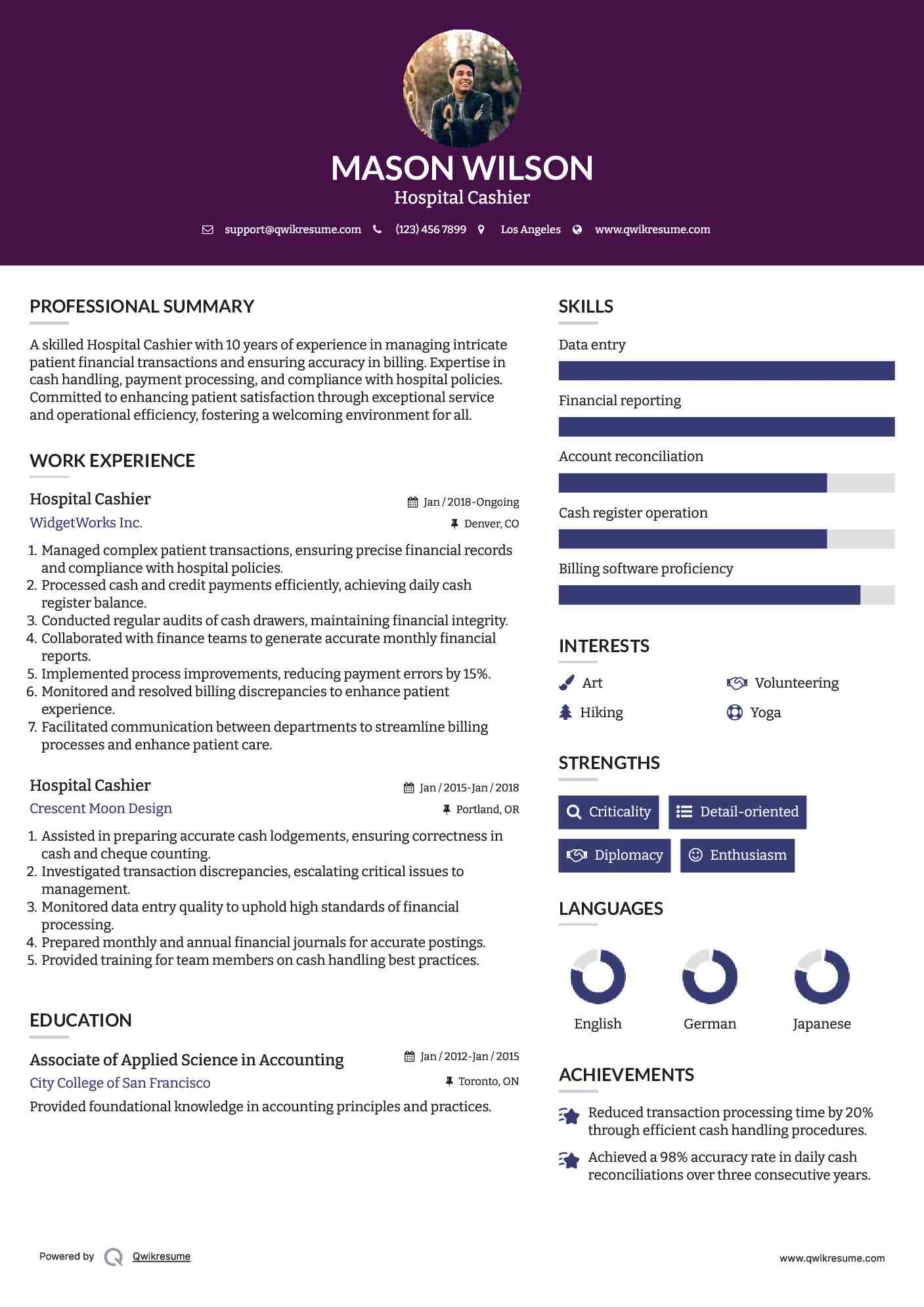 Hospital Cashier Resume Model