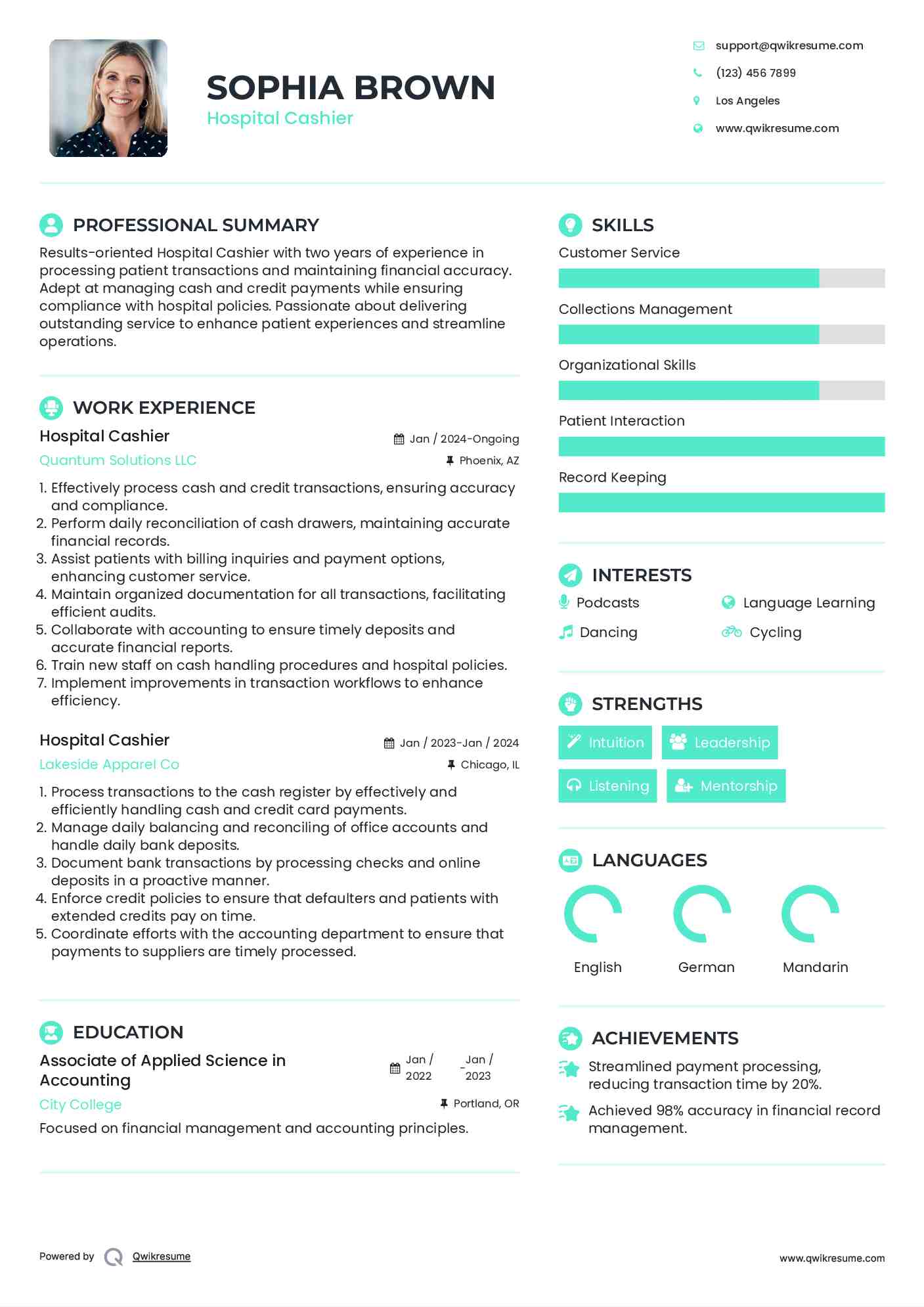 Hospital Cashier Resume Sample