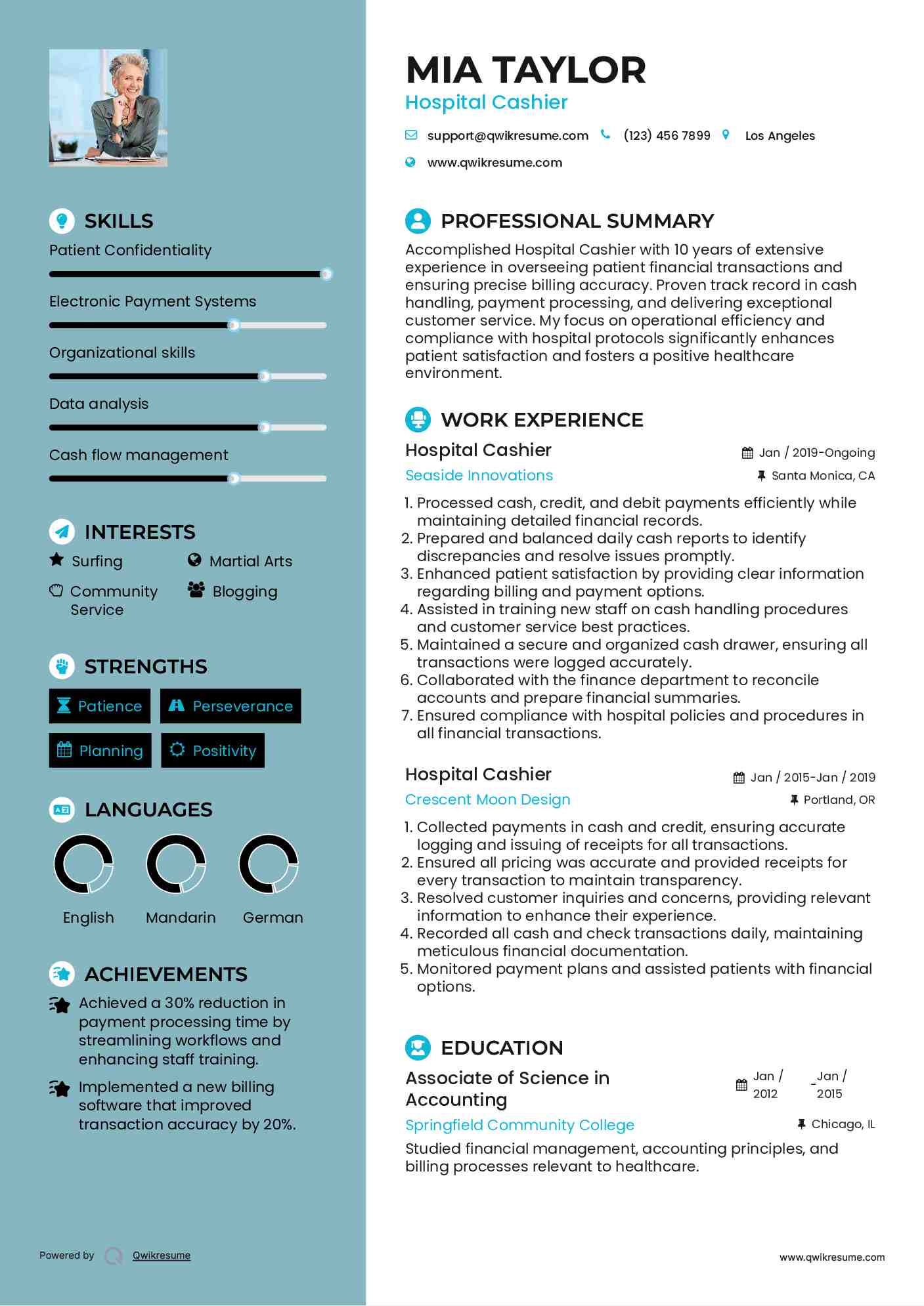 Hospital Cashier Resume Model