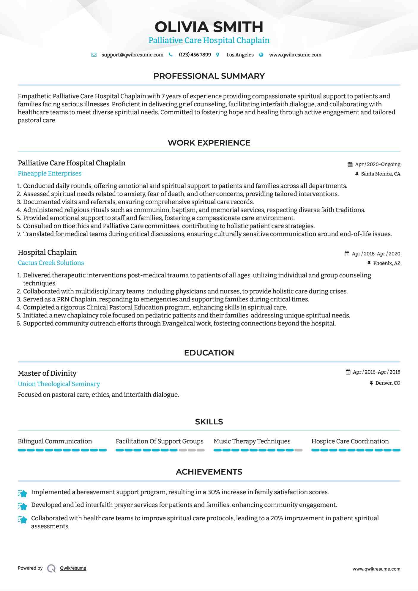 Palliative Care Hospital Chaplain Resume Sample