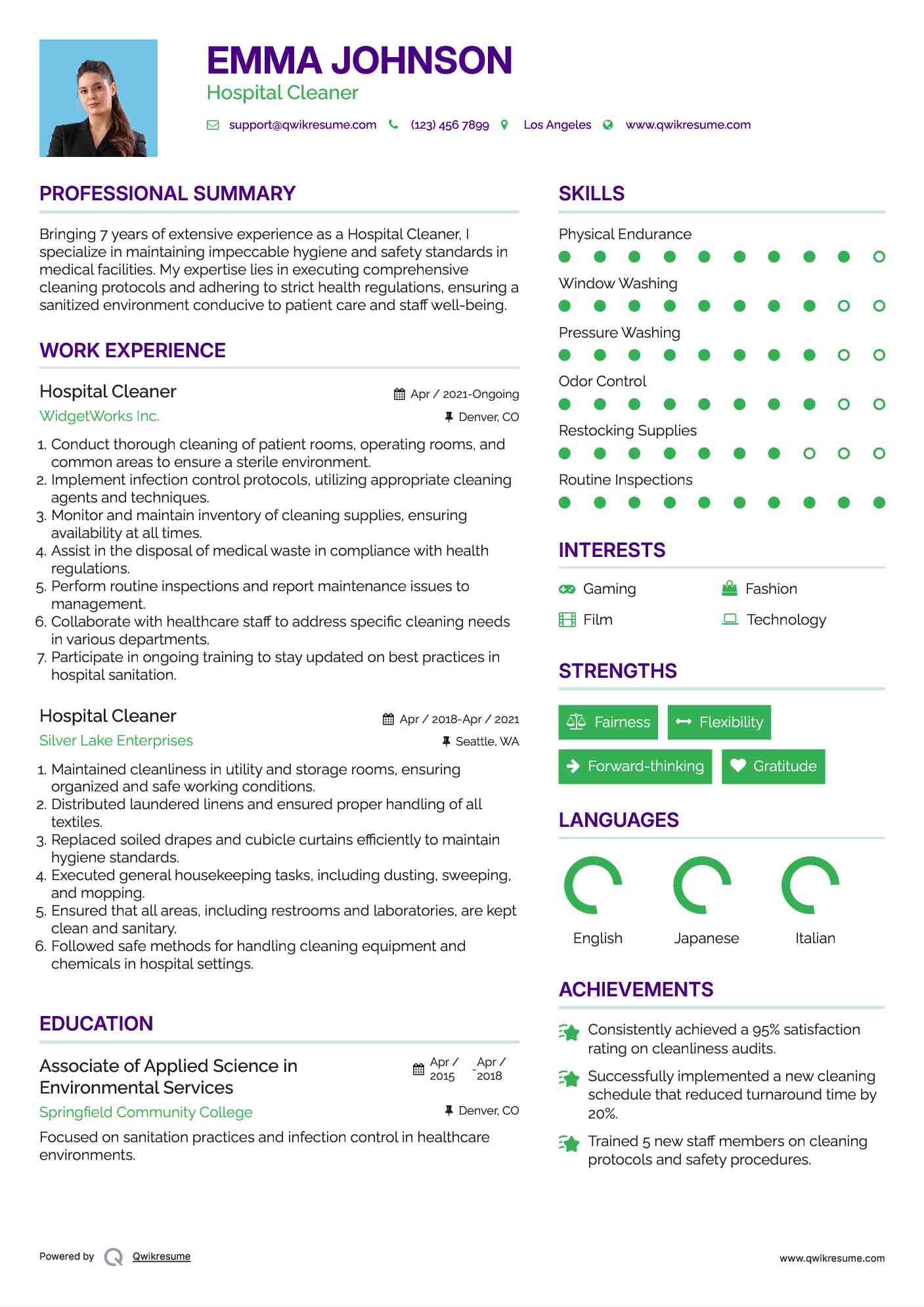 Hospital Cleaner Resume Format