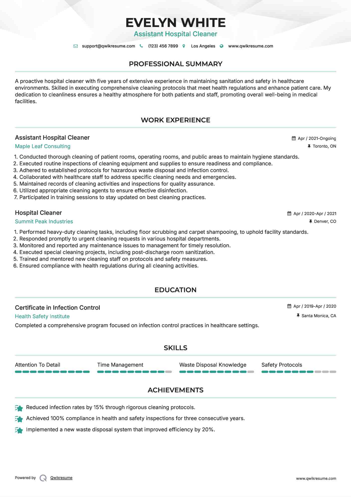 Assistant Hospital Cleaner Resume Template