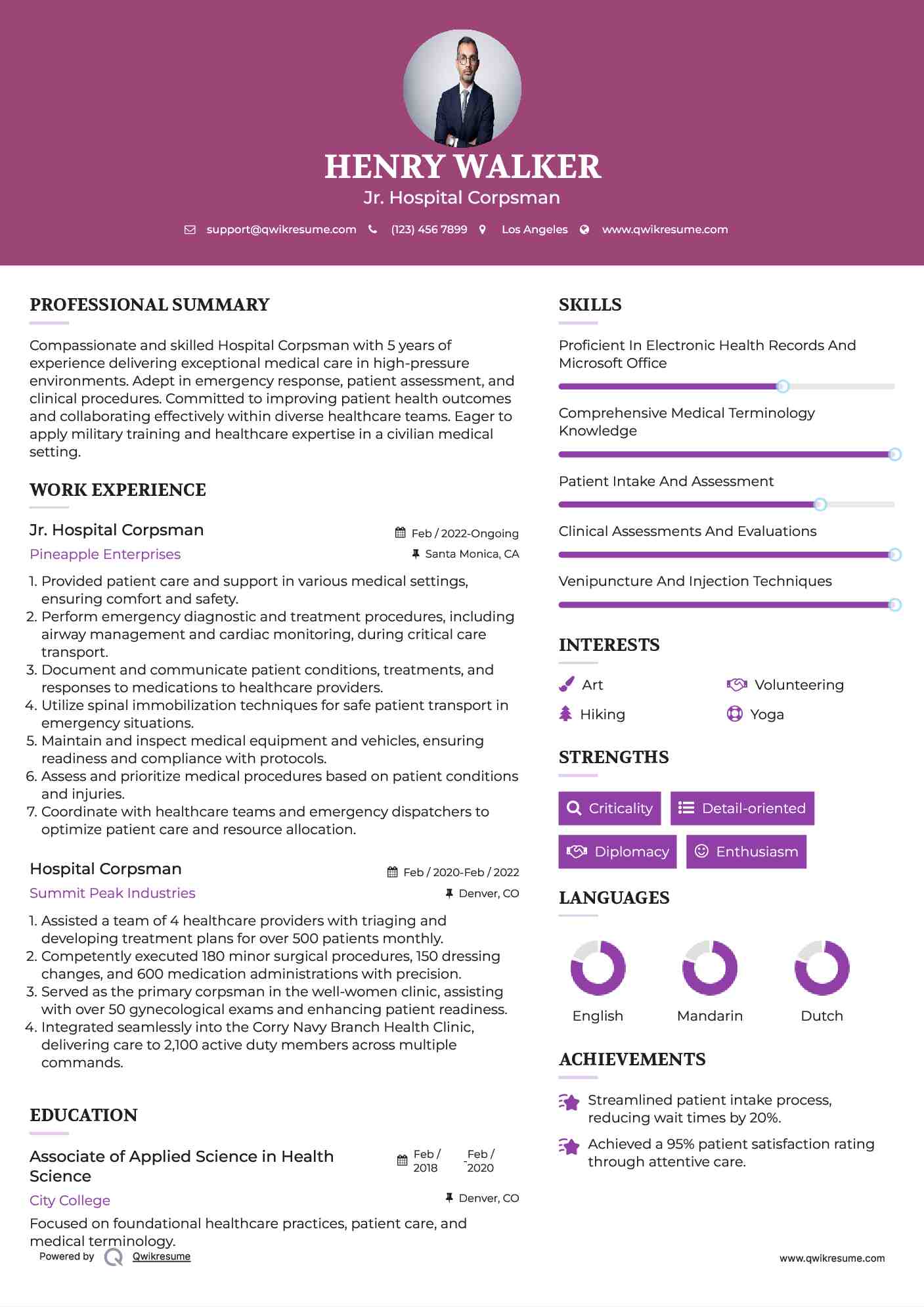 Jr. Hospital Corpsman
 Resume Template