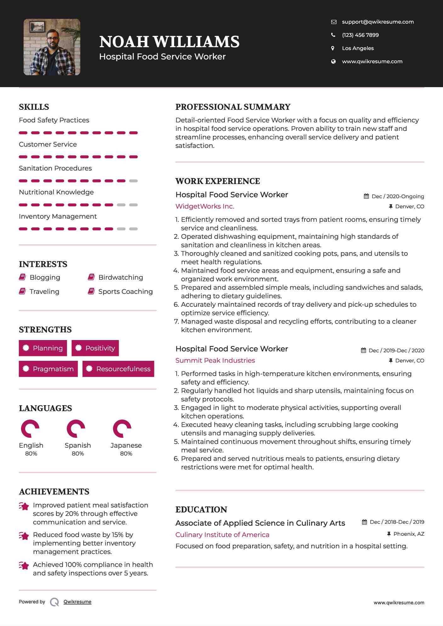 Hospital Food Service Worker Resume Sample