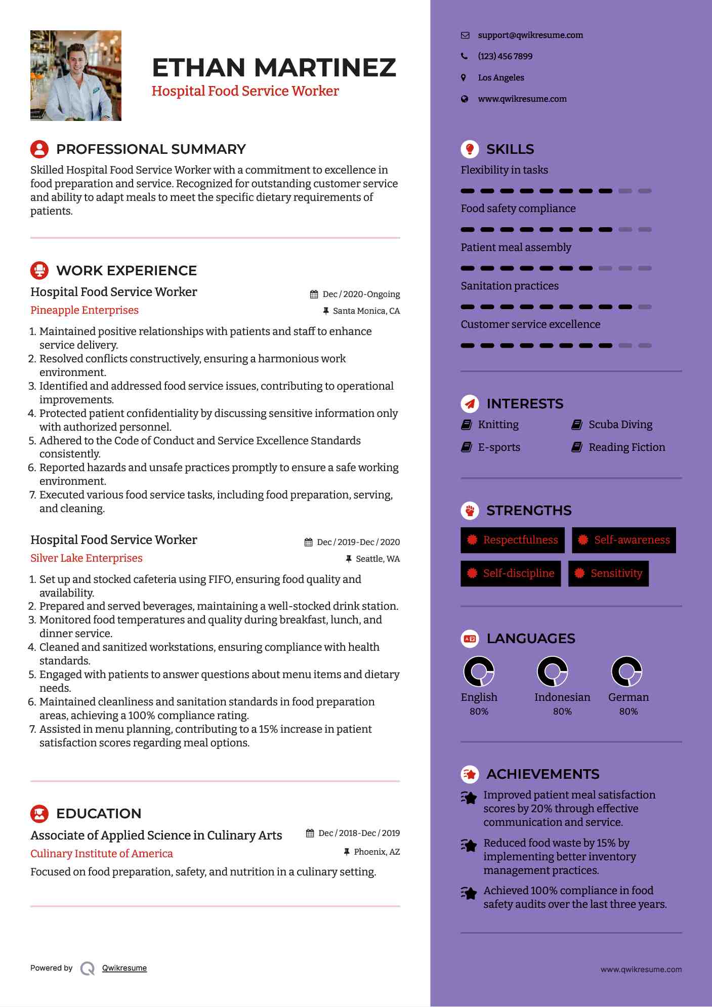 Hospital Food Service Worker Resume Template