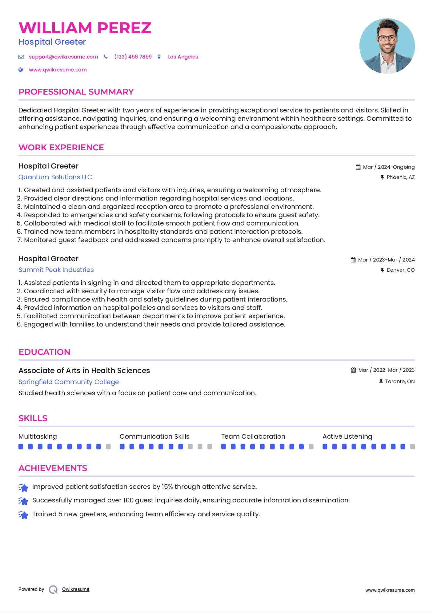 Hospital Greeter Resume Sample