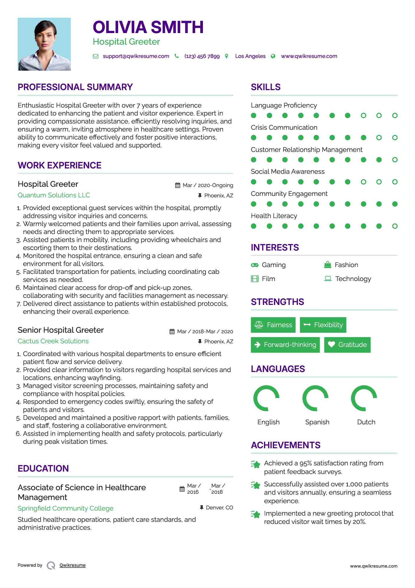 Hospital Greeter Resume Sample
