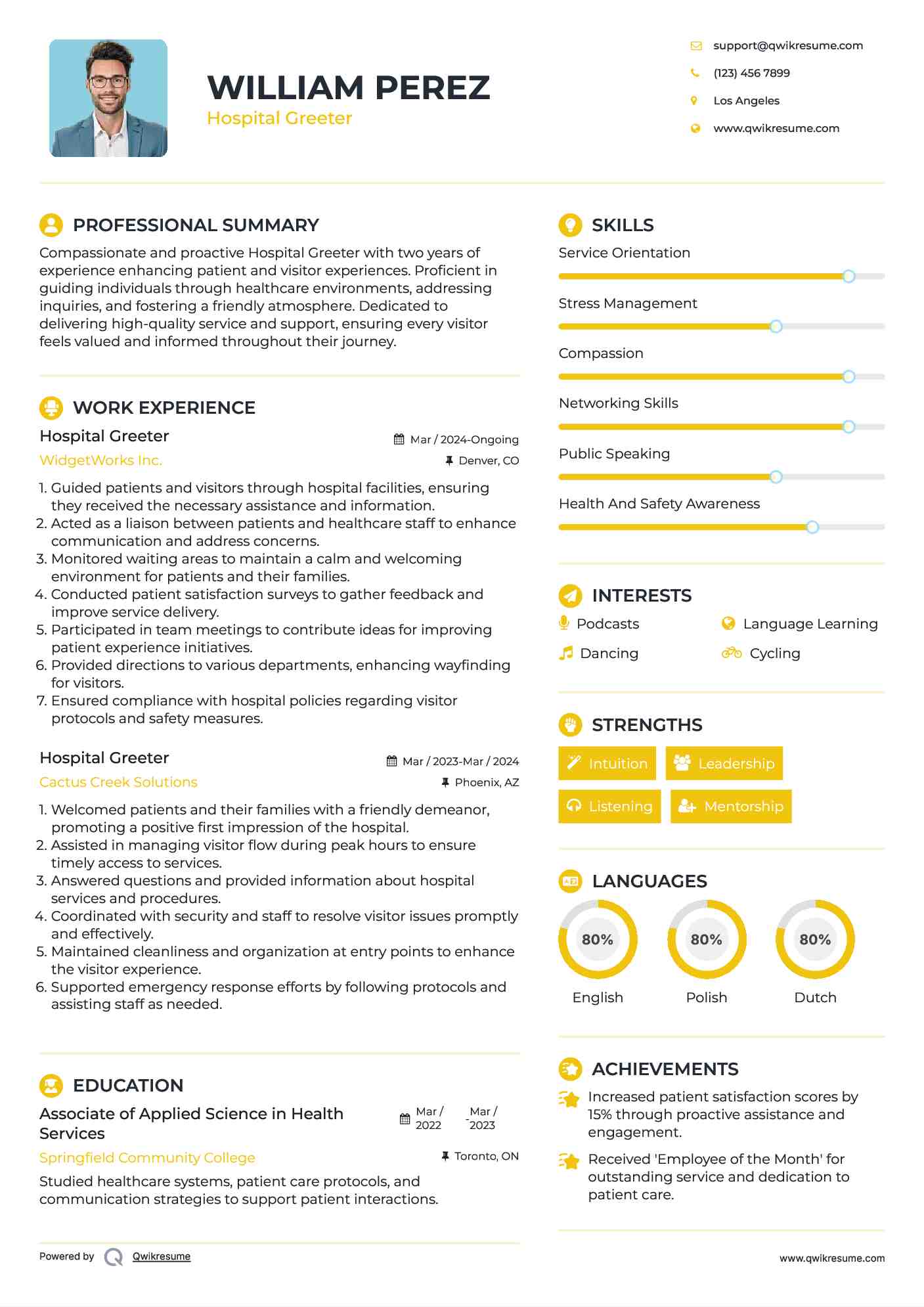 Hospital Greeter Resume Template