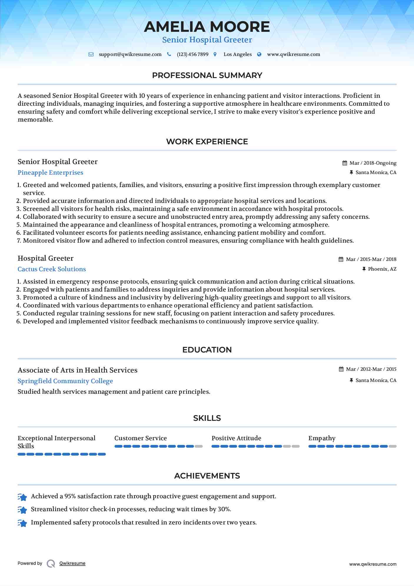 Senior Hospital Greeter Resume Format