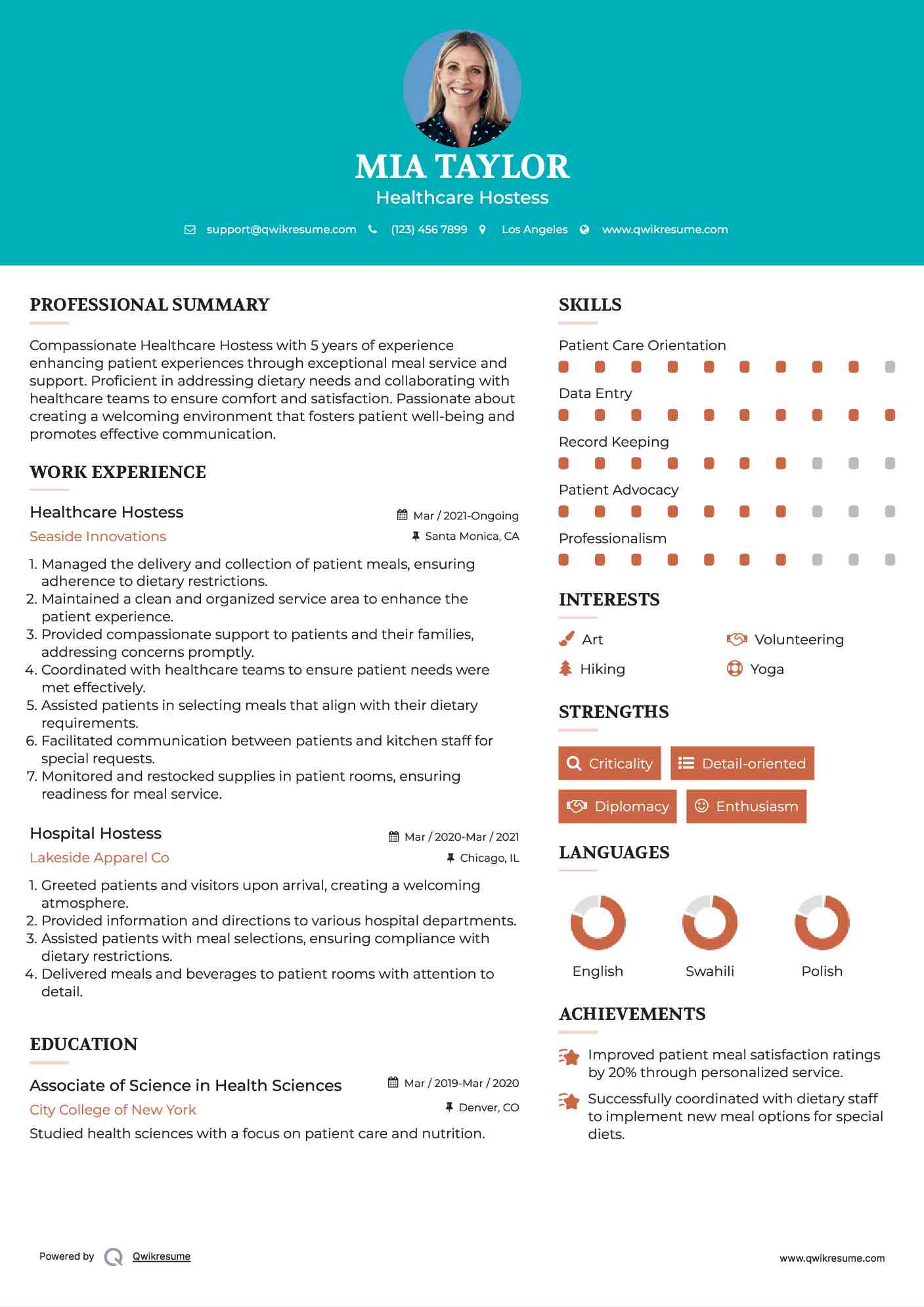 Healthcare Hostess Resume Sample