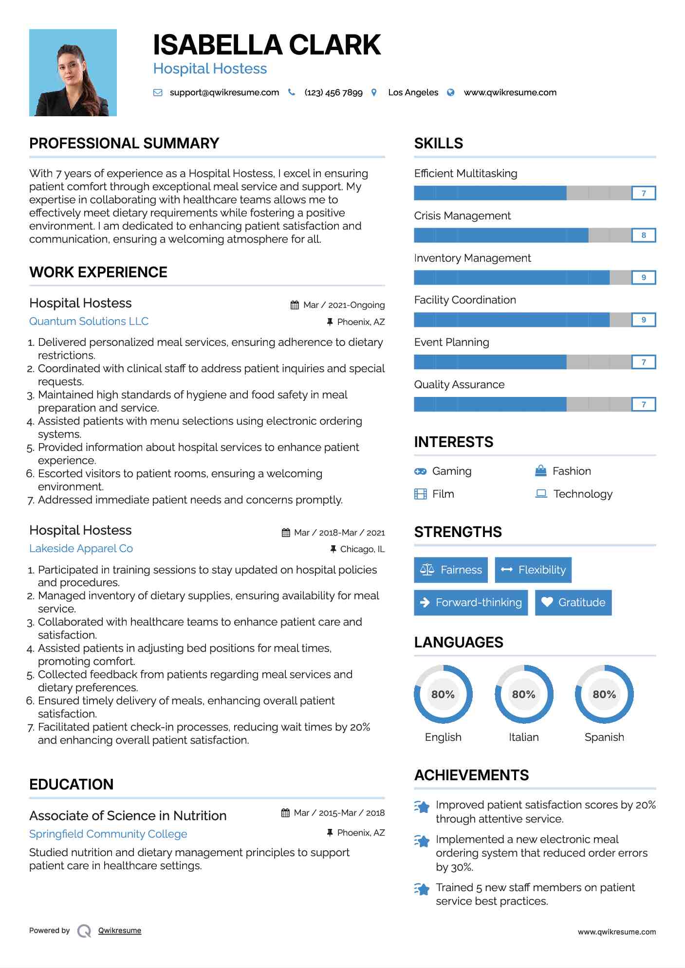 Hospital Hostess Resume Example