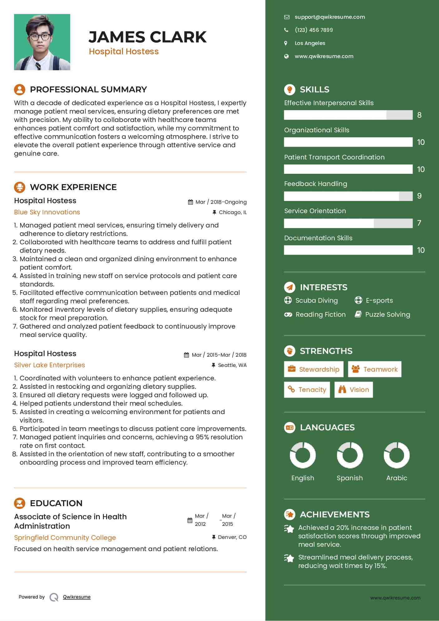 Hospital Hostess Resume Sample