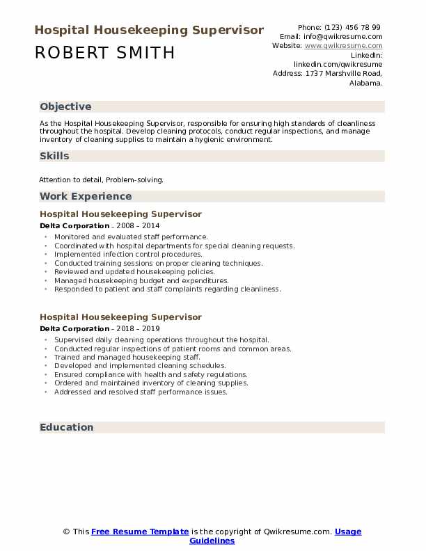 Hospital Housekeeping Supervisor Resume Samples QwikResume