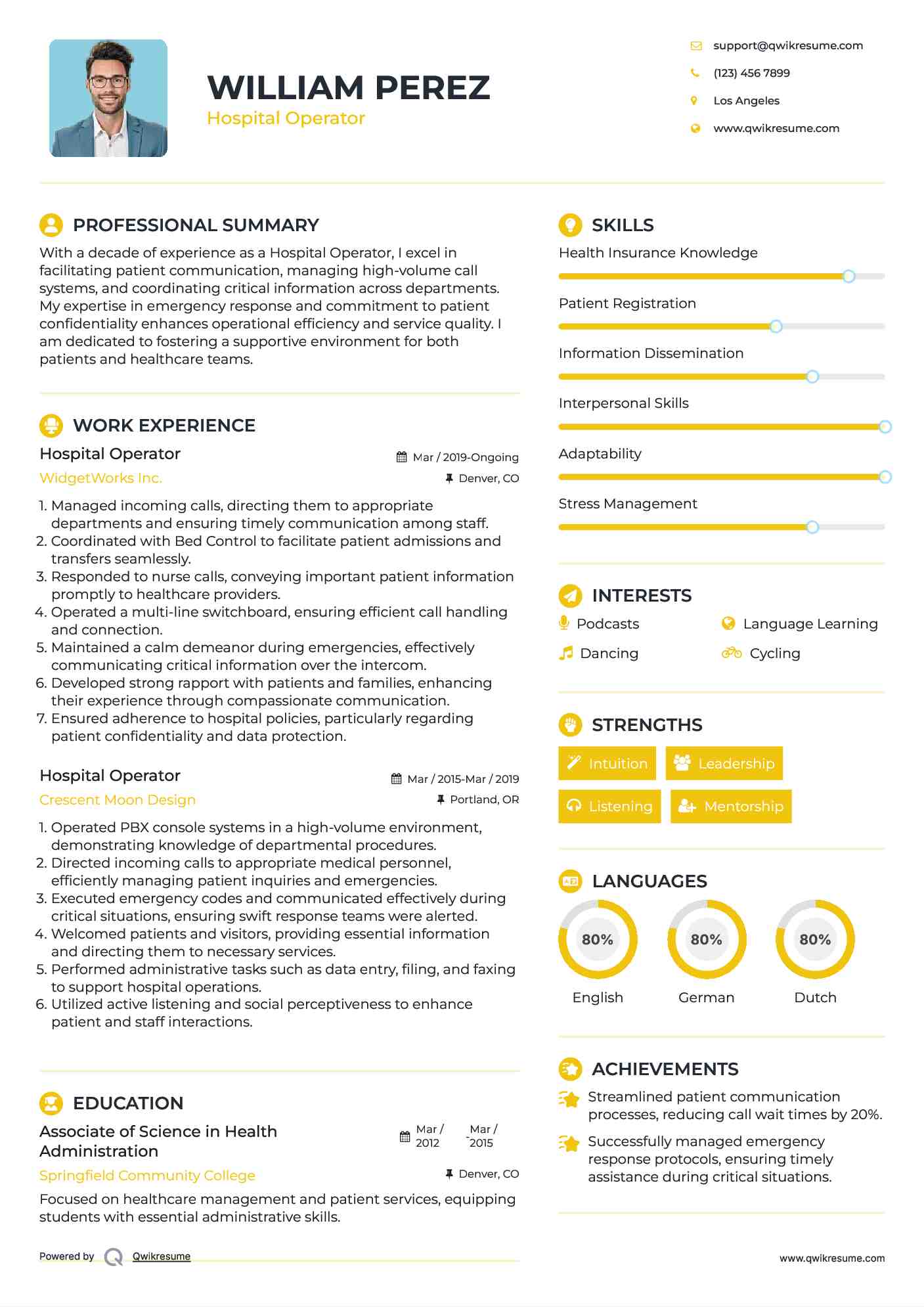 Hospital Operator Resume Template