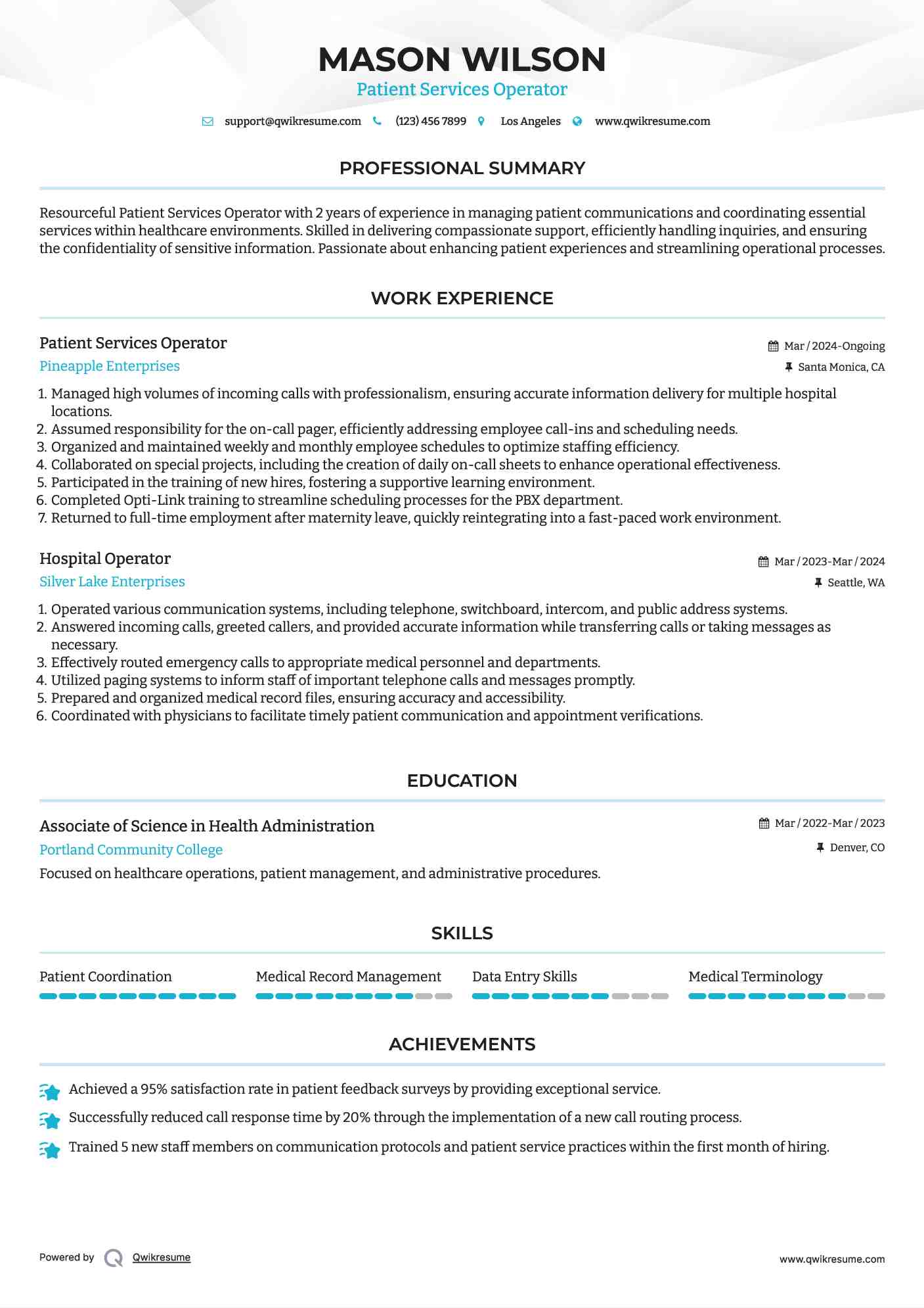 Patient Services Operator Resume Model