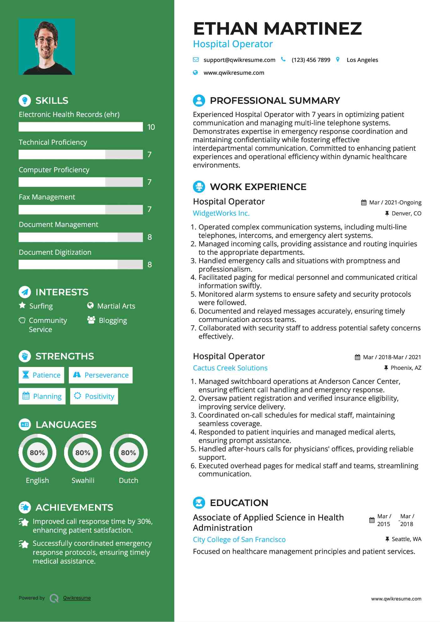 Hospital Operator Resume Sample