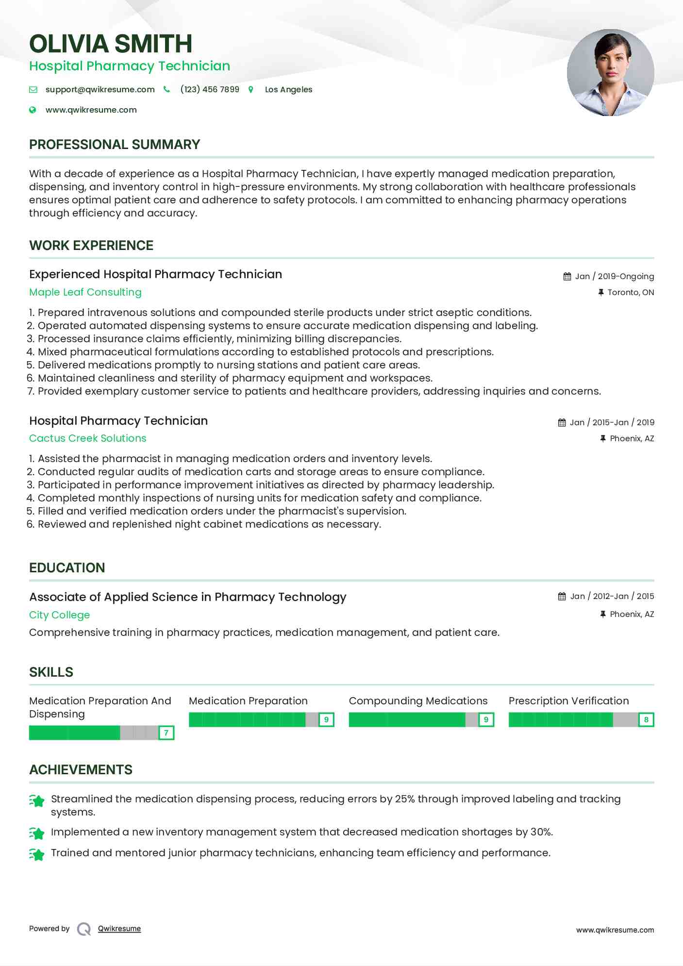 Experienced Hospital Pharmacy Technician Resume Example